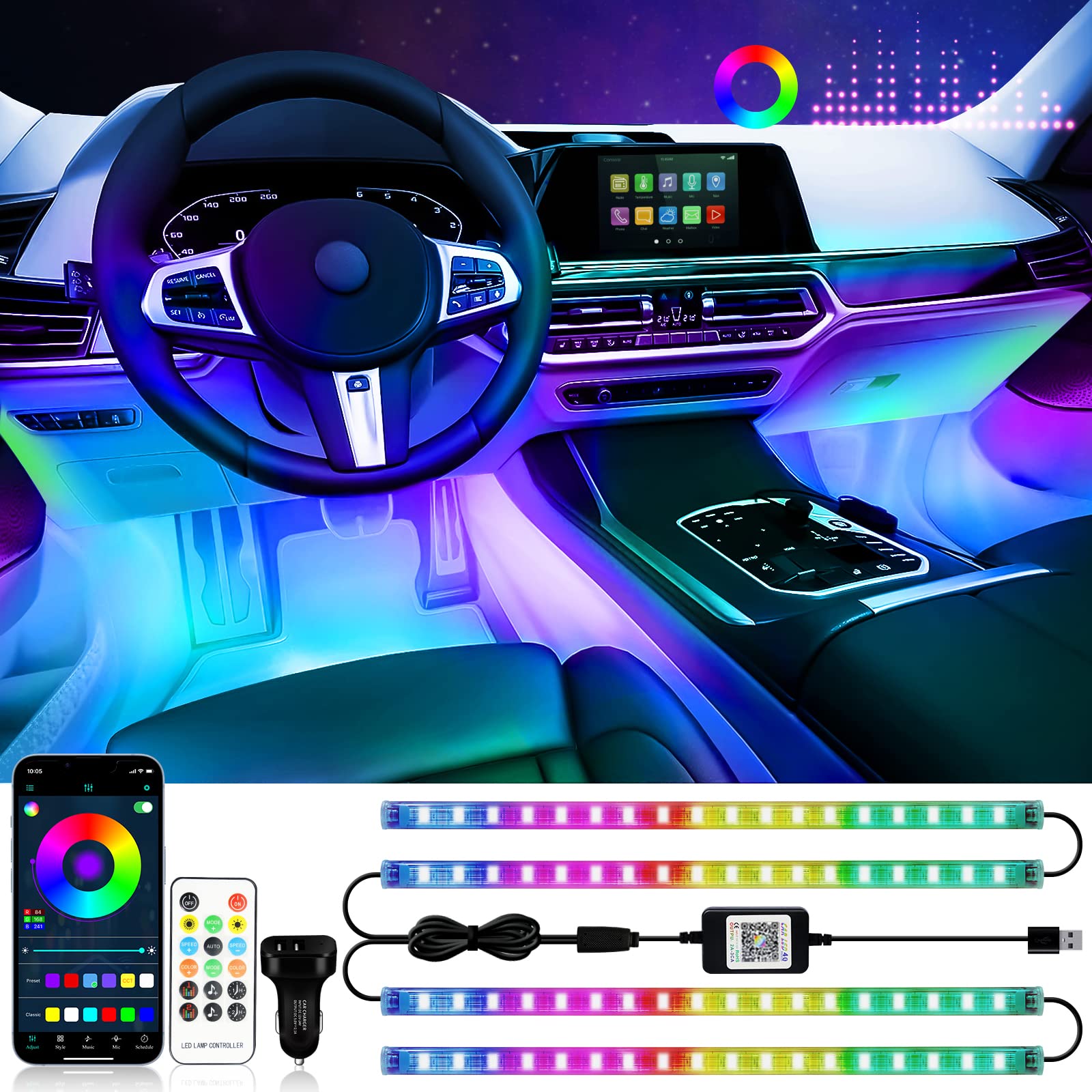 Rgb 72 Led Interior Car Strip Lights With Smart App Control, 2 Lines Design Music Sync Under Dash Footwell Neon Internal Lightin