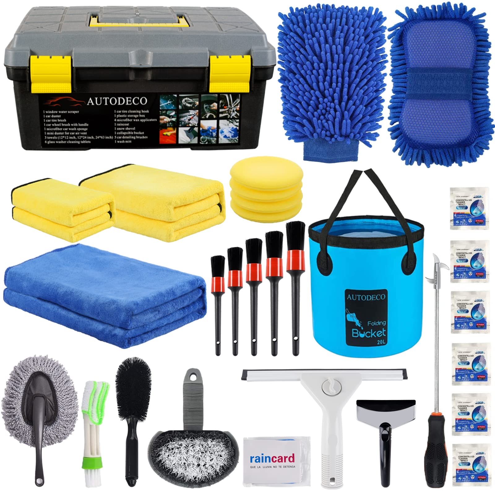 Autodeco 30Pcs Car Wash Cleaning Kit - Car Care Wash Tools Set Car Detailing Set With Collapsible Bucket Snow Shovel