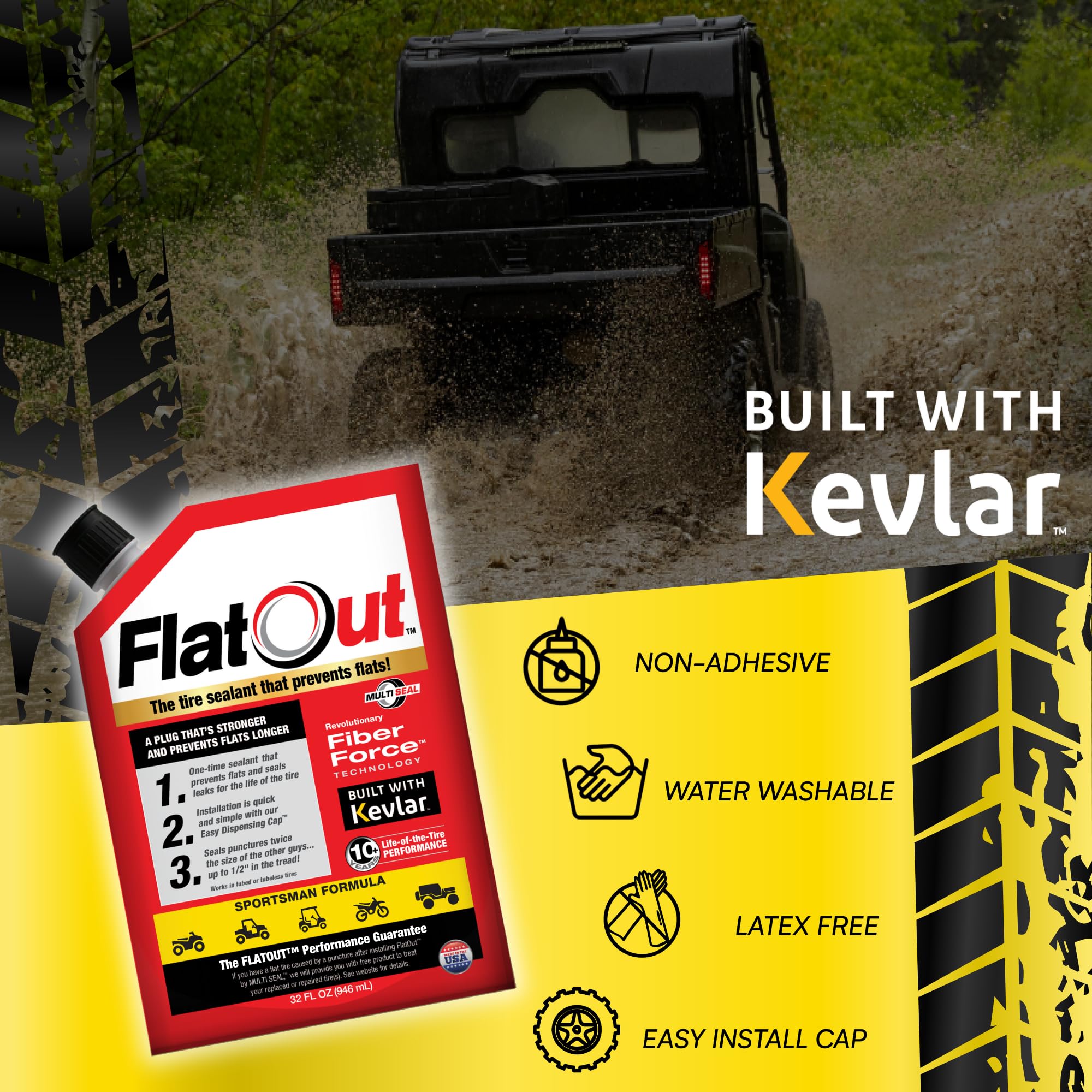 Flat Out Off Road Tire Sealant, Sportsman Formula, Prevents Flat Tires, Fix a Flat Tire, Seals Leaks, Contains Kevlar, 32 Ounce