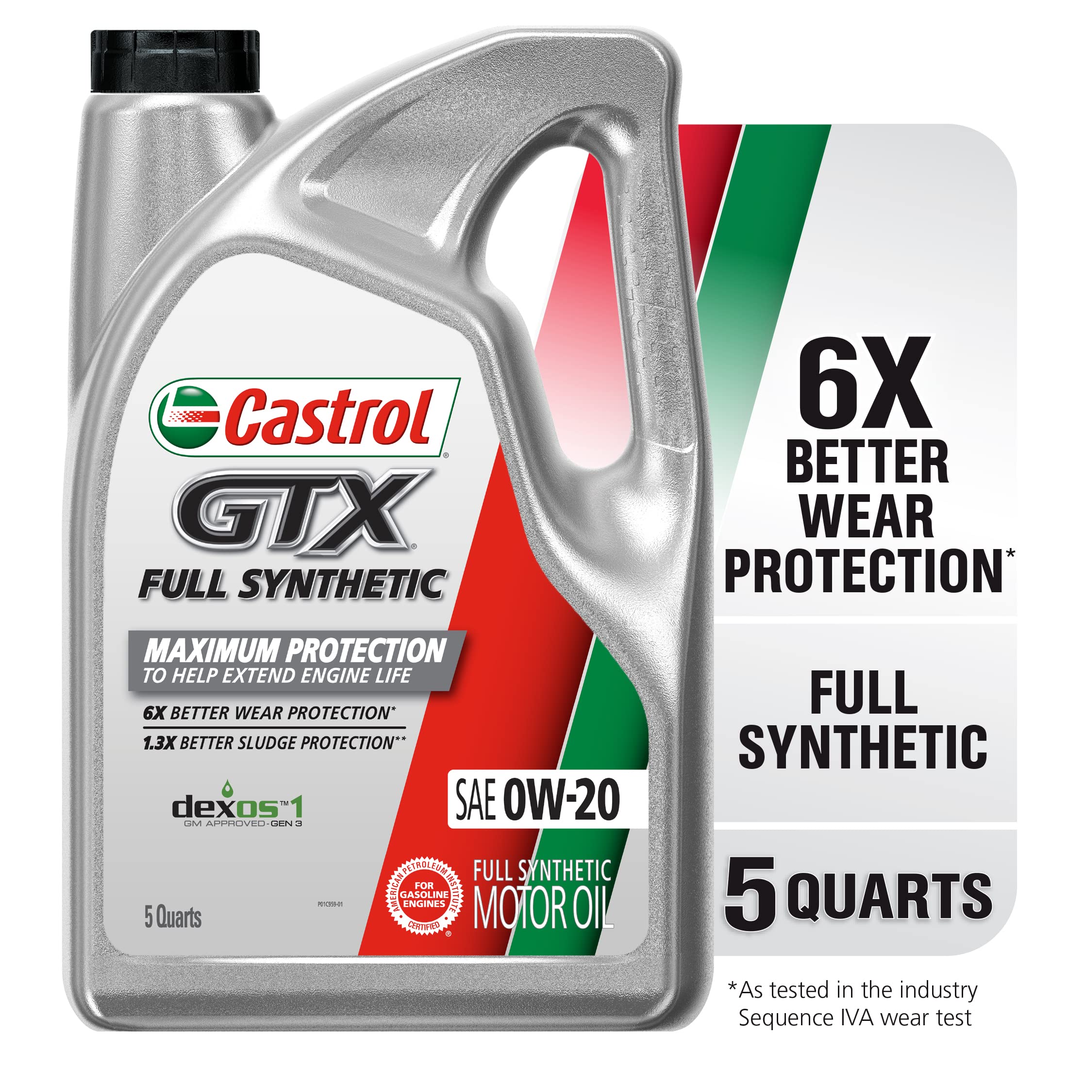 Castrol Gtx Full Synthetic 0W-20 Motor Oil, 5 Quart Jug