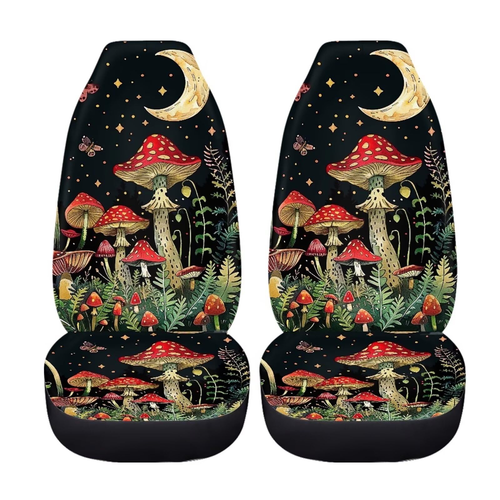 Bigcarjob Mushroom Print Car Seat Cover Set For Front Seat Only,Moon Star Mushroom Print Auto Front Seat Protector Full Set Car