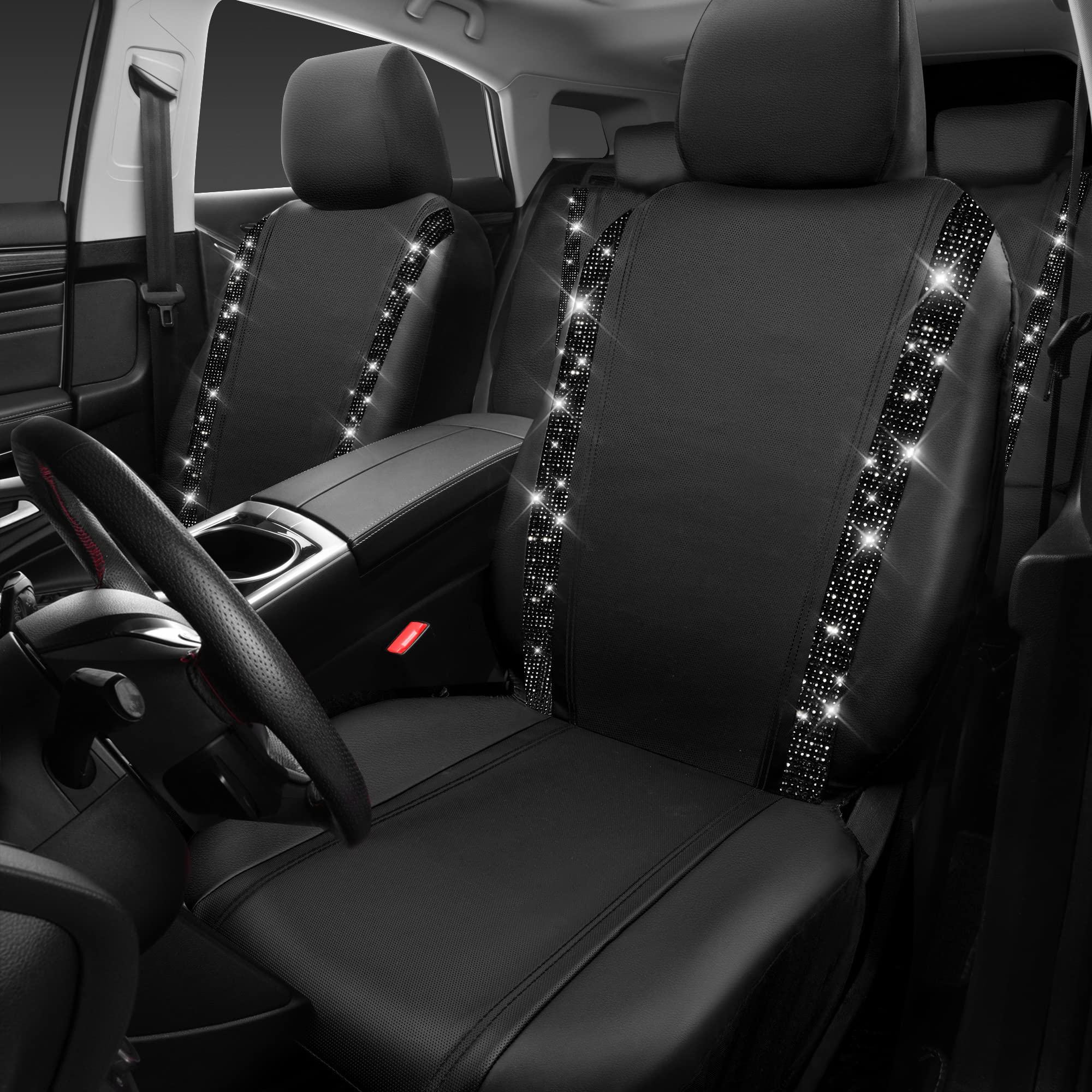 CAR PASS Bling Car Seat Covers, Shining Rhinestones Diamond Waterproof Faux Leather, 8 Seats 3 Rows with Zipper Glitter Crystal