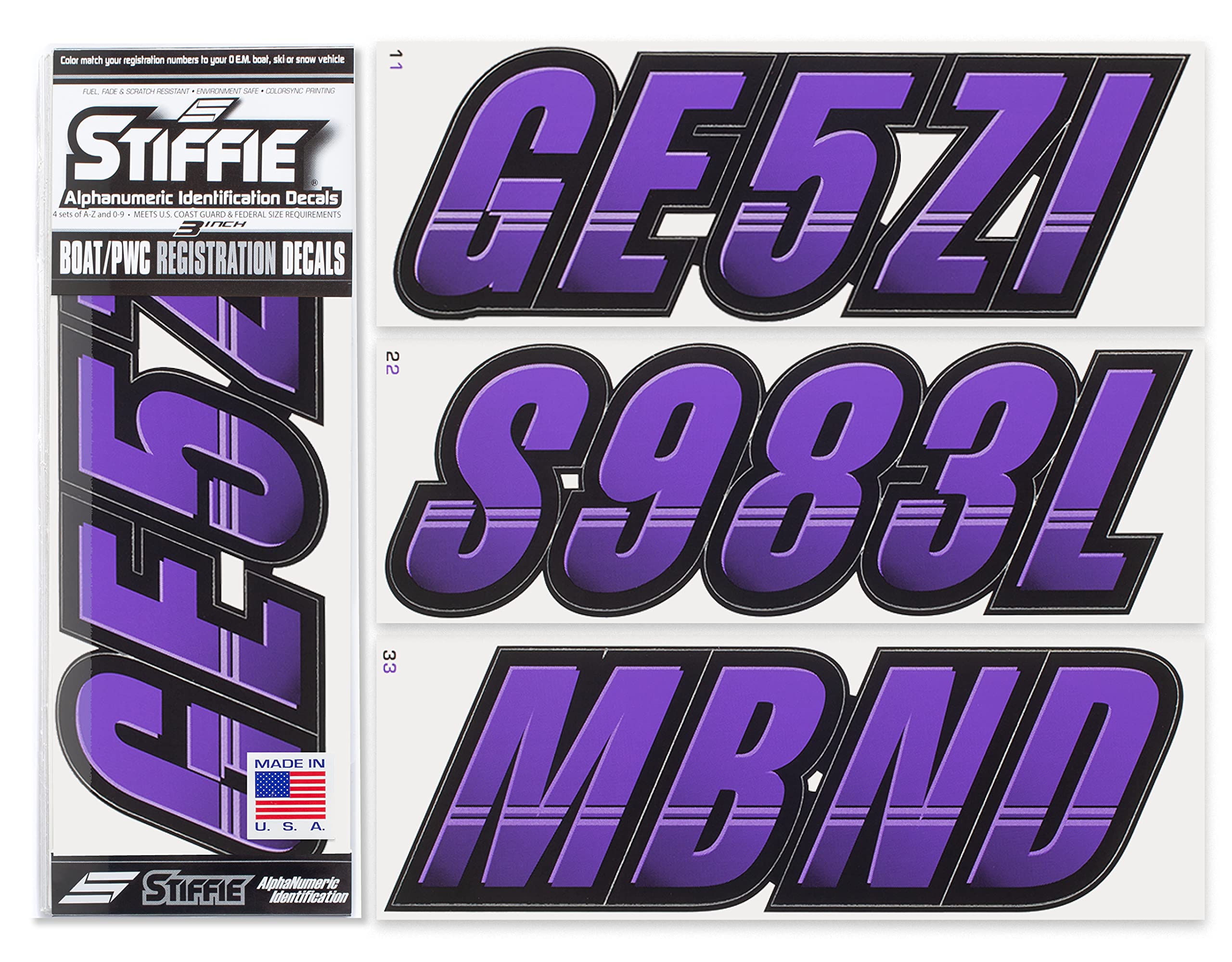 Stiffie Techtron Purple/Black 3 '' Boat & Pwc Registration Decals  Numbers Letters Stickers