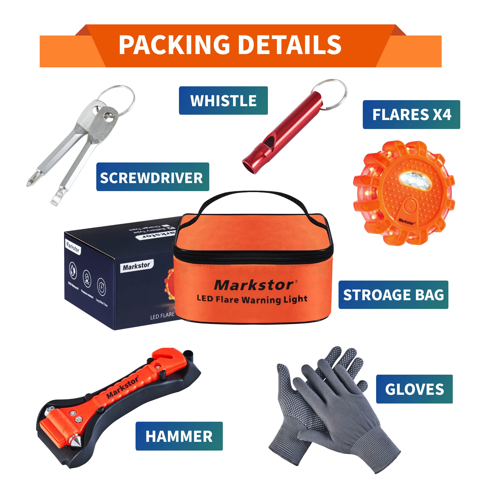 Markstor 4 Pack Led Road Flares Emergency Car Kit 9 Flash Amber Roadside Emergency Flares Beacon For Vehicle 4 Beacons Disc Pack With A Whistle,Glove,Hammer (No Battery)