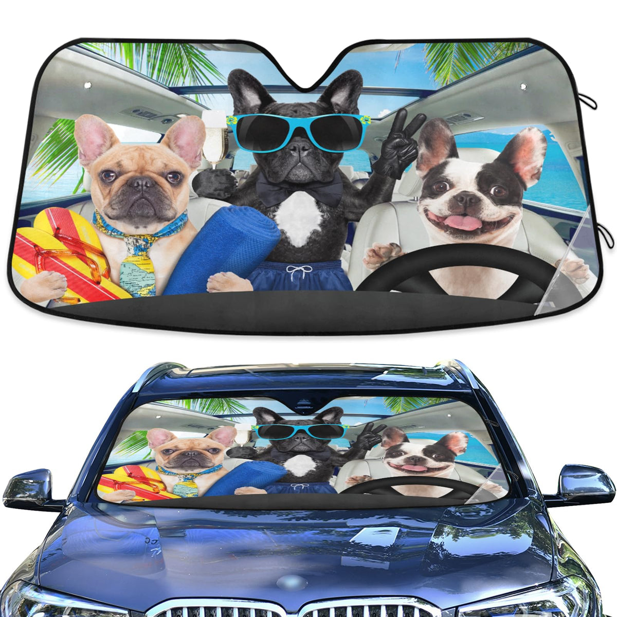 Car Sun Shade Funny French Bulldog Windshield Sunshade Protector for Small Car SUV Front Window