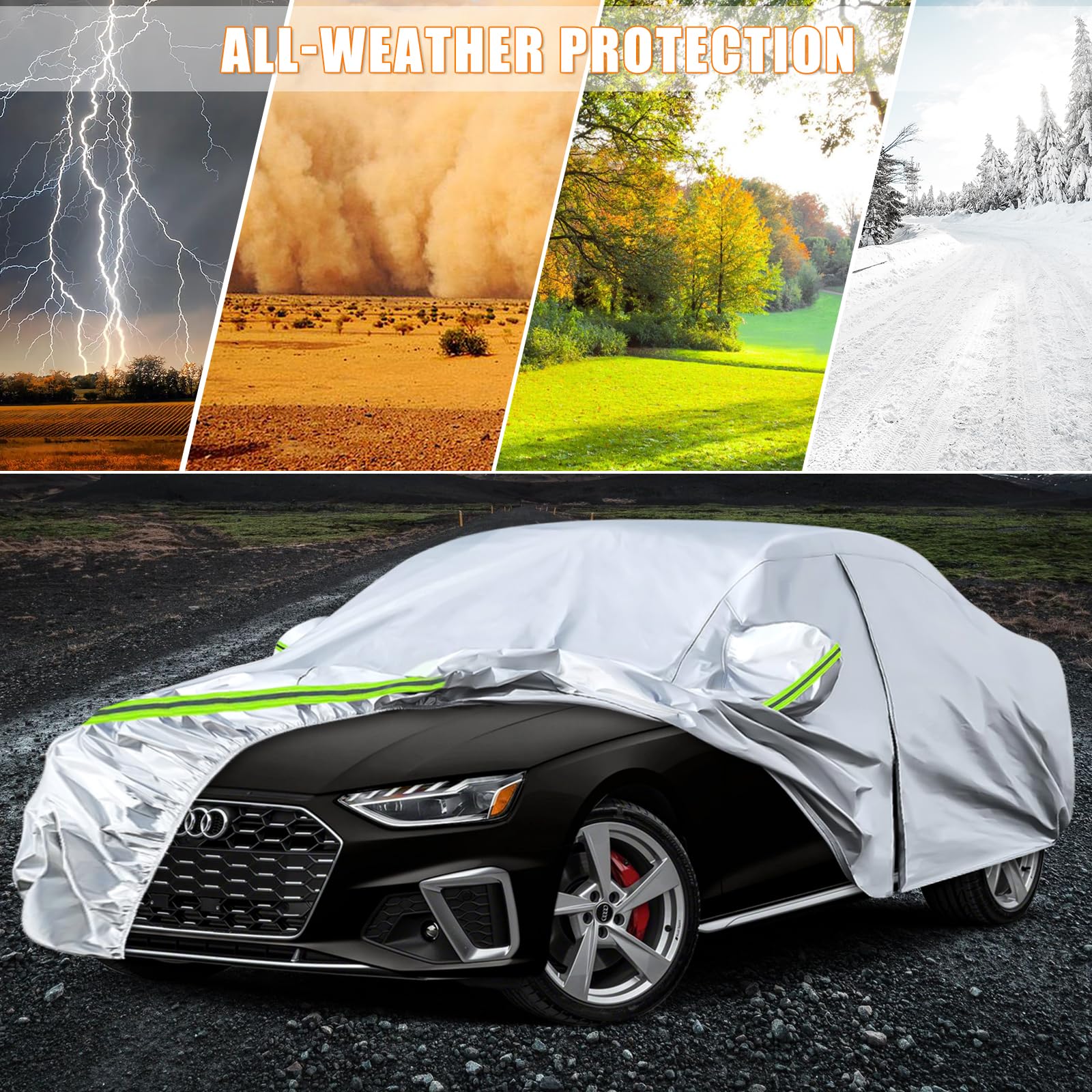Waterproof Car Covers Replace For 2008-2025 Audi A4/S4 Sedan, 6 Layers Silver All Weather Custom-Fit Car Cover With Zipper Door