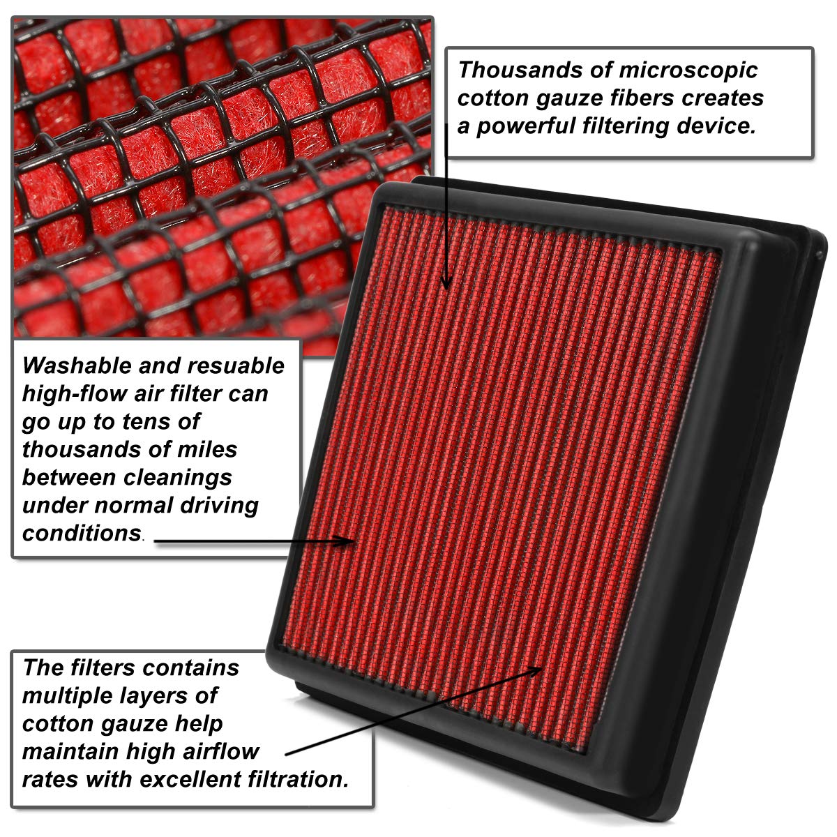 Auto Dynasty High Flow Engine Air Panel Filter Drop-In Reusable & Washable Compatible With Toyota Camry Rav4 Sienna Gr86 Lexus Es Nx Rx Ux 2018-2025 I4 Hybrid Models Ca12289 (Red)