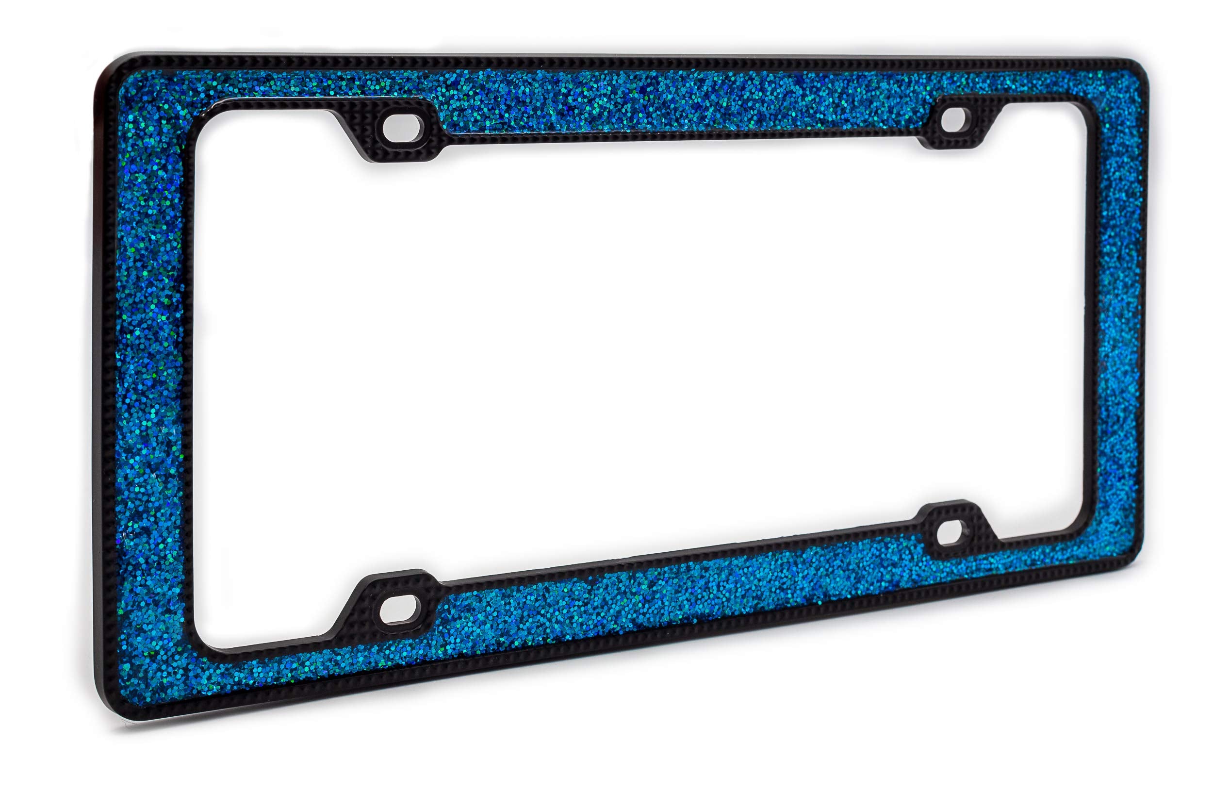 Creathome 3D Shining And Neon License Plate Frame From Pure Zinc Alloy Metal Perfect Plate Holder, Matt Black With Blue Glitter