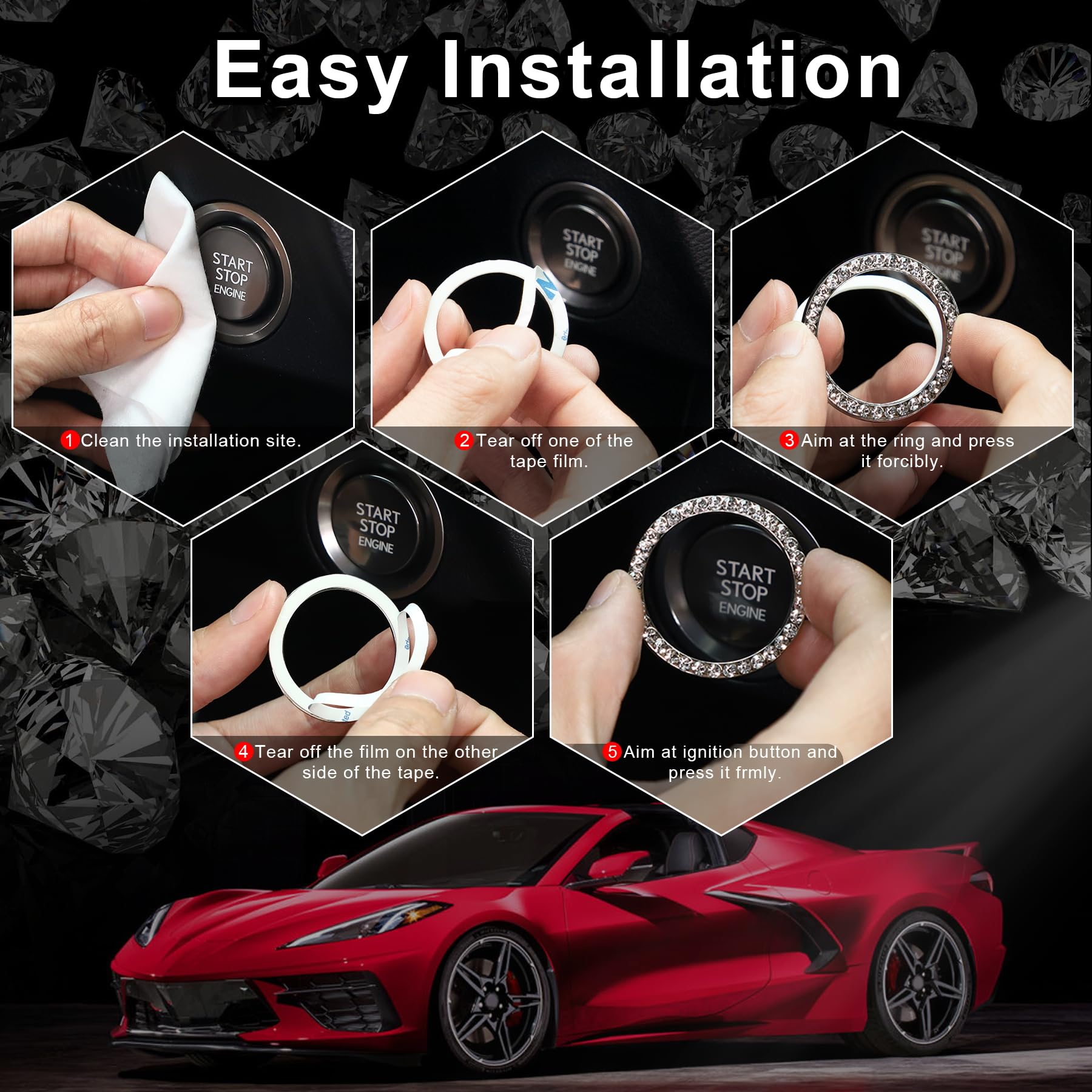Livtee 2 Pcs Crystal Combinatorial Rhinestone Car Engine Start Decoration Ring, Push To Start Button Cover Sticker, Bling Car In