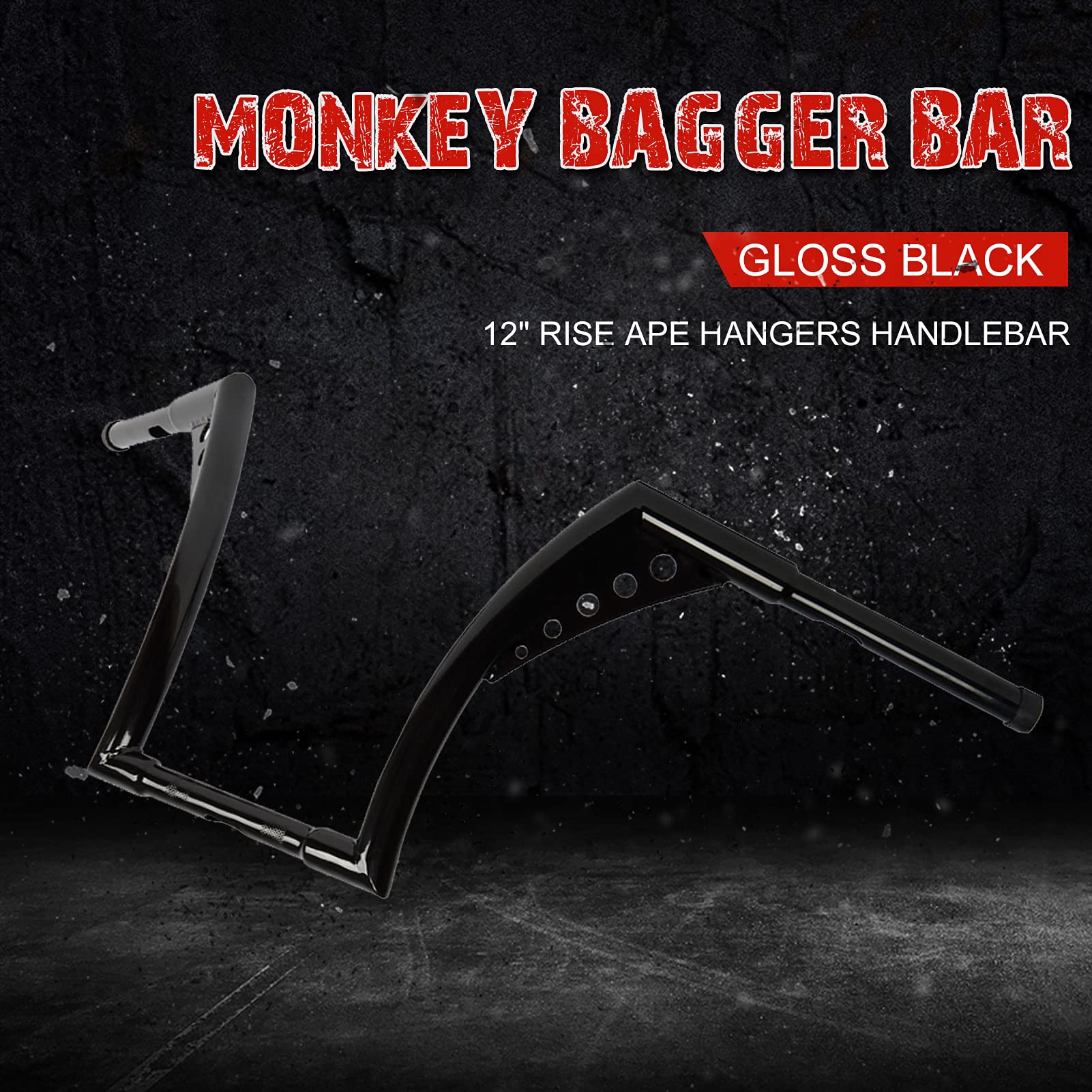 WSays 12'' Rise Handlebar Ape Monkey Bar 1-1/4'' Diameter Bar Black Compatible with Harley Sportster XL 1200 883 Softail Dyna To