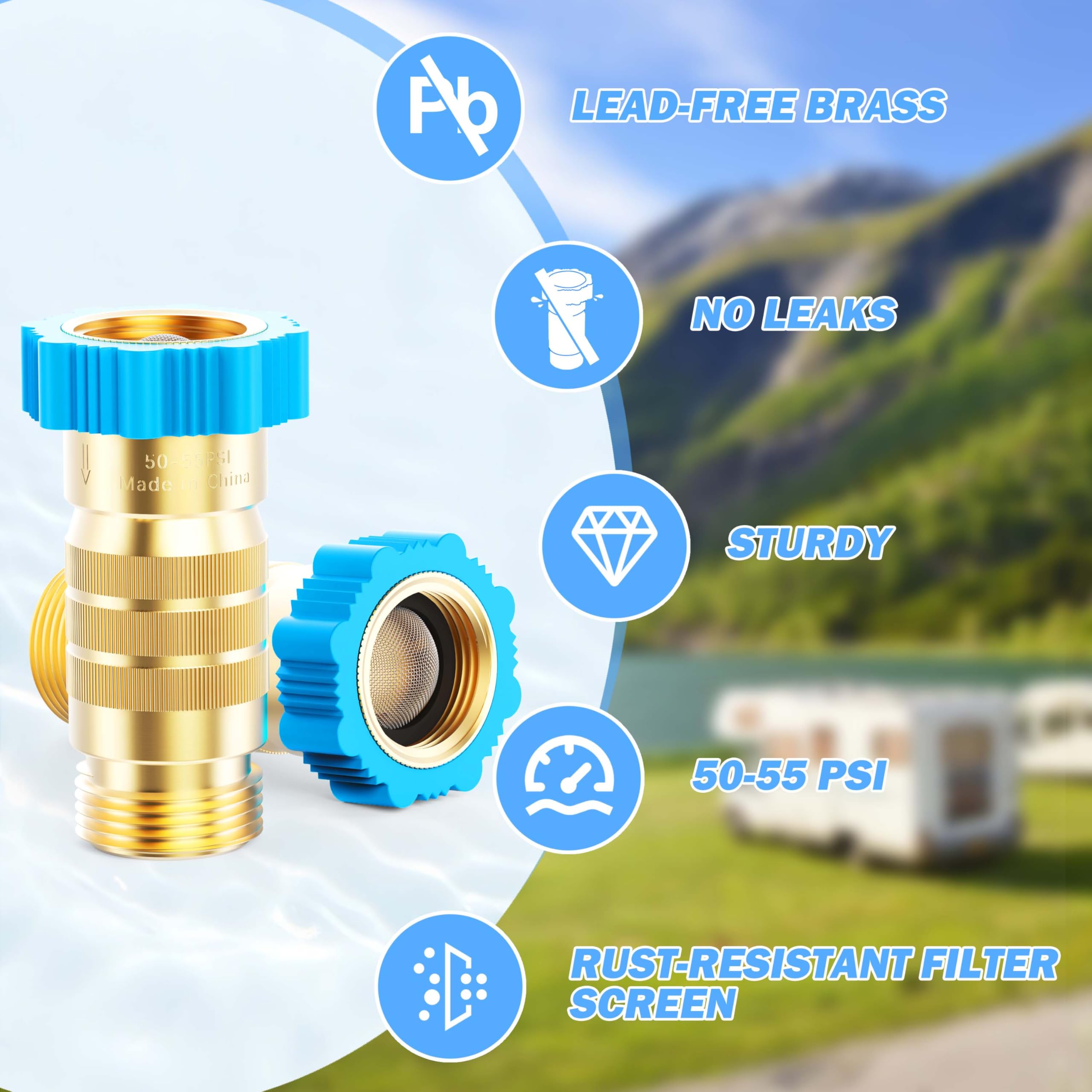 Circlecord Rv Hi-Flow Water Pressure Regulator 50-55 Psi, 3/4 Inch Thread Lead-Free Brass Inline Water Pressure Reducer For Camp