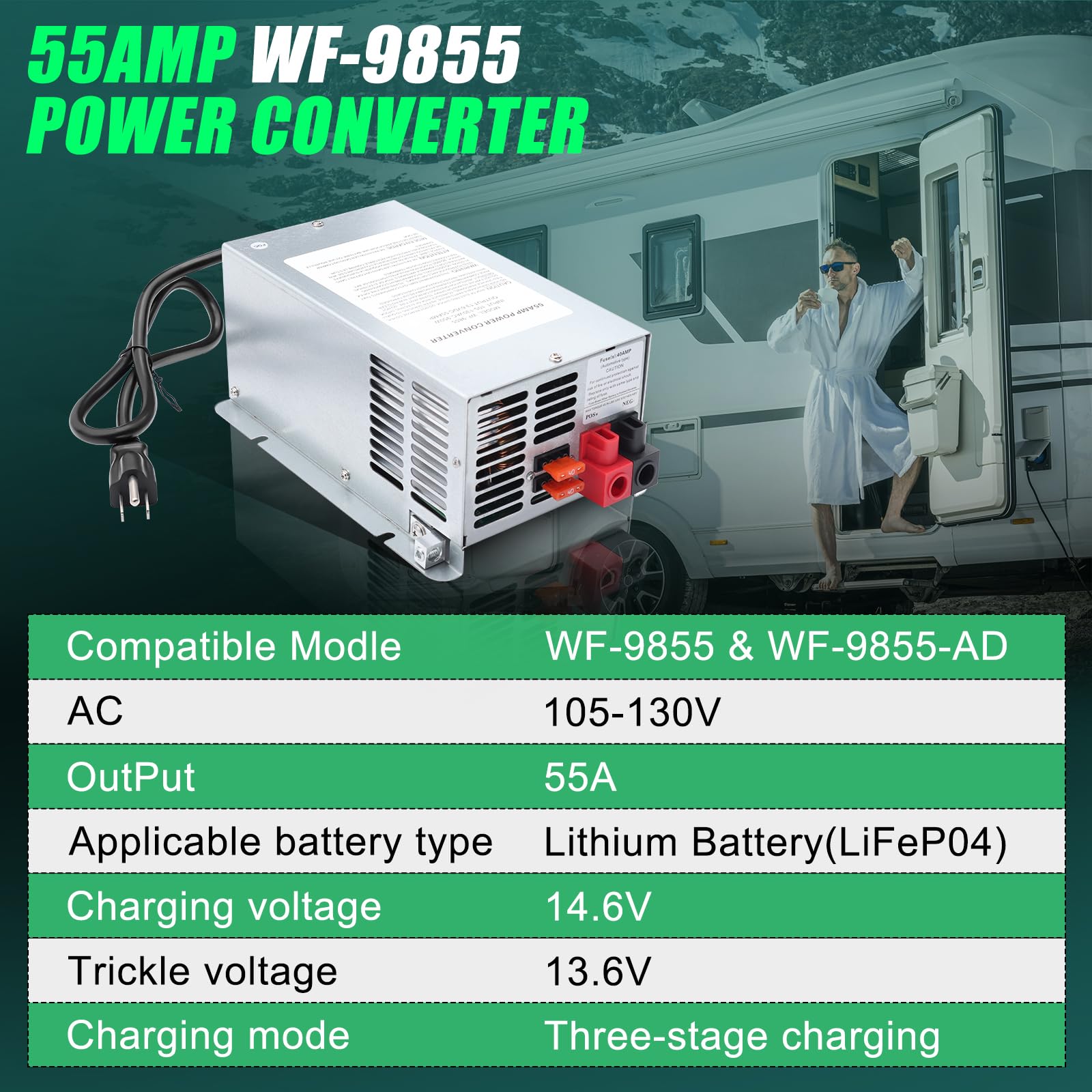 WF-9855 55 Amp RV Power Converter Replacement Camper Deck Mount Charger for Lithium Battery Compatible with WF-9855-AD WF-9855-L