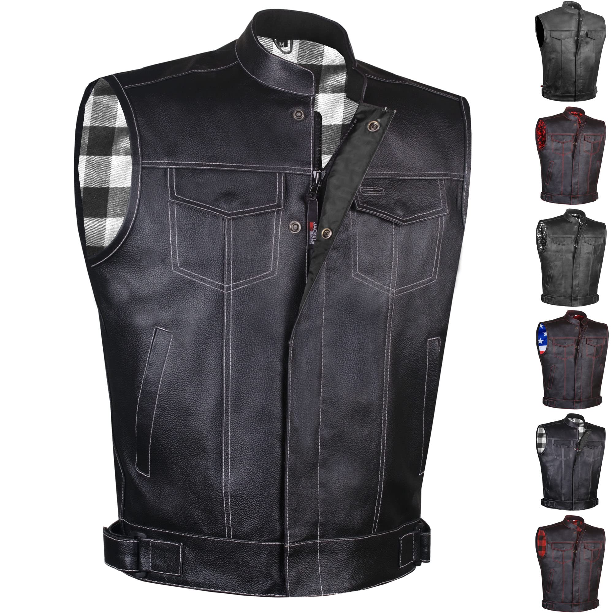 Soa Men'S Leather Motorcycle Concealed Gun Pockets Biker Club Vest W/Armor Flannel White L