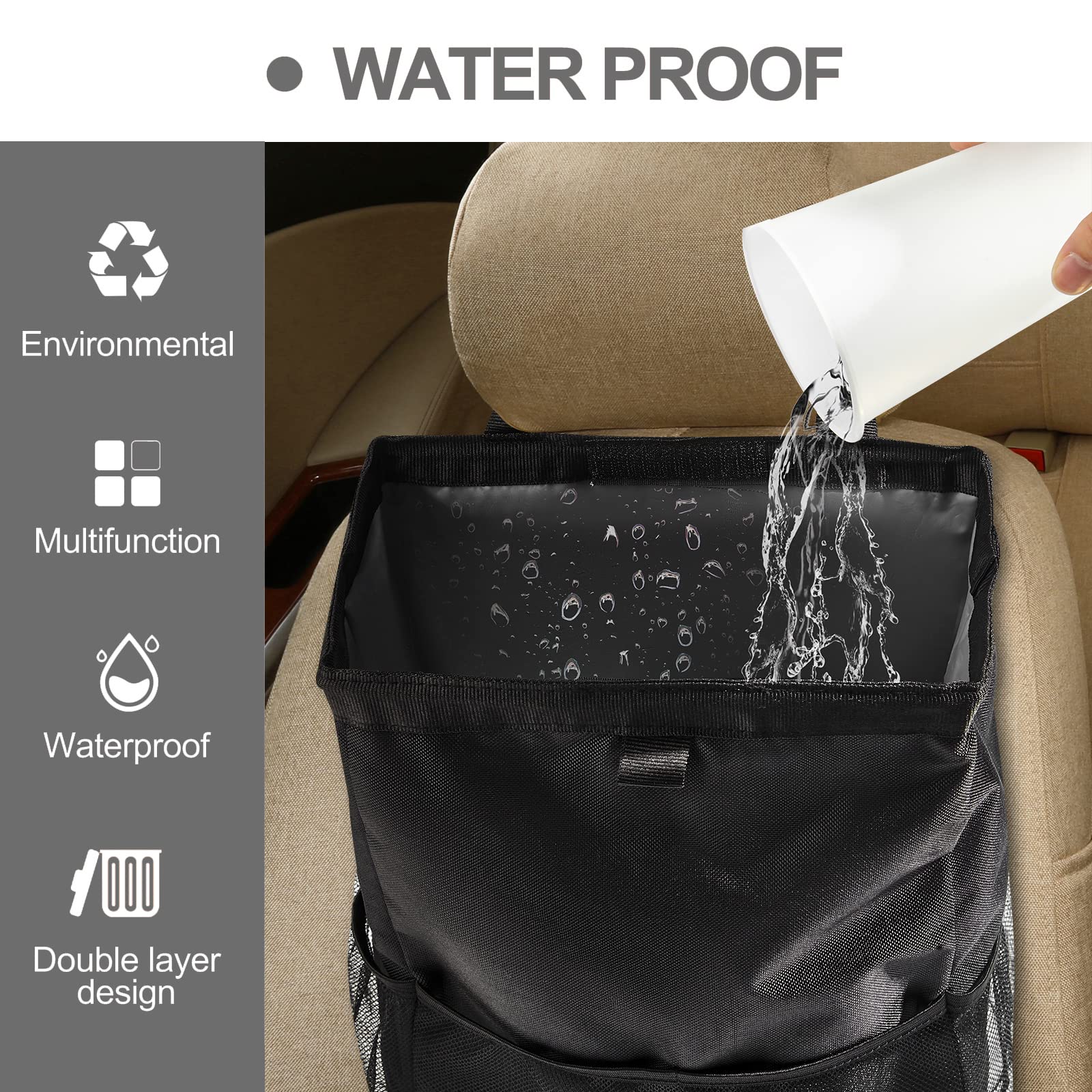 Wplhb Hanging Car Trash Bag, Washable Eco-Friendly Car Trash Can, Car Garbage Bag With Storage Pockets, For Outdoor Traveling Vehicles (Black)