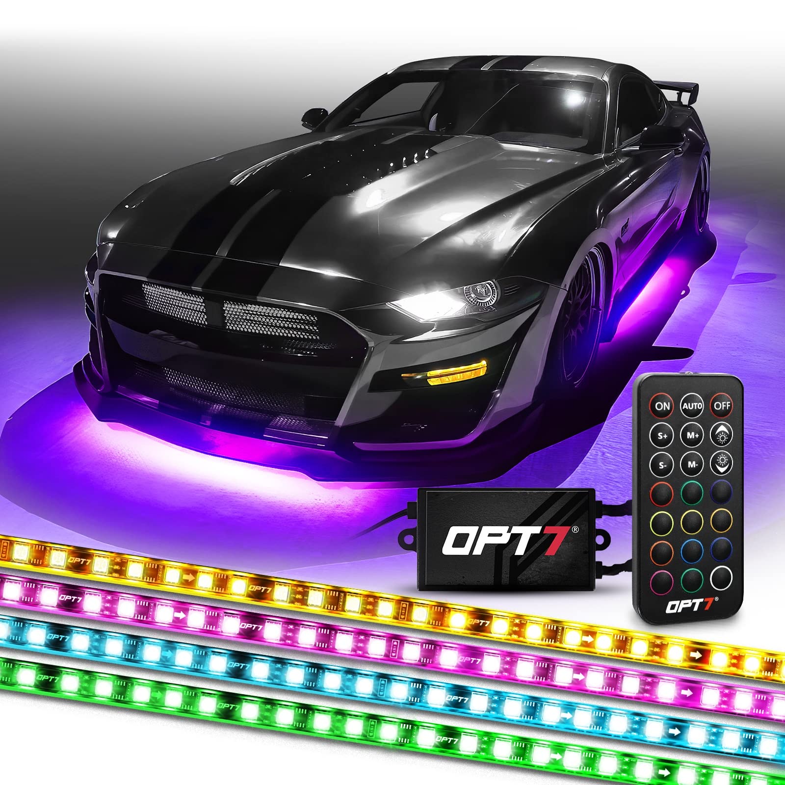 Opt7 Aura Flexible Underglow Car Lights With App & Remote Control, Exterior Neon Accent Underbody Lighting Kit, 4 Pcs Rgb Led Li