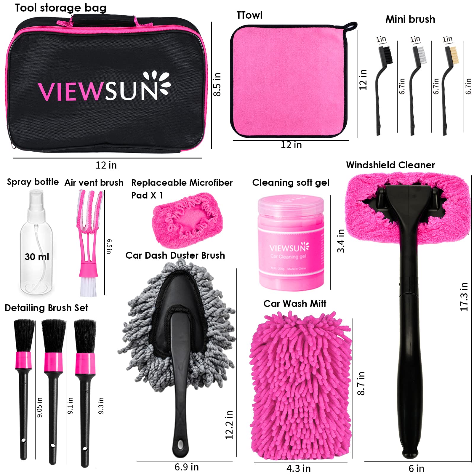 Viewsun 20Pcs Car Detailing Kit, Pink Interior Kit With Drill Brush Set, Windshield Cleaning Tool, Detailing Brushes, Wire Brush