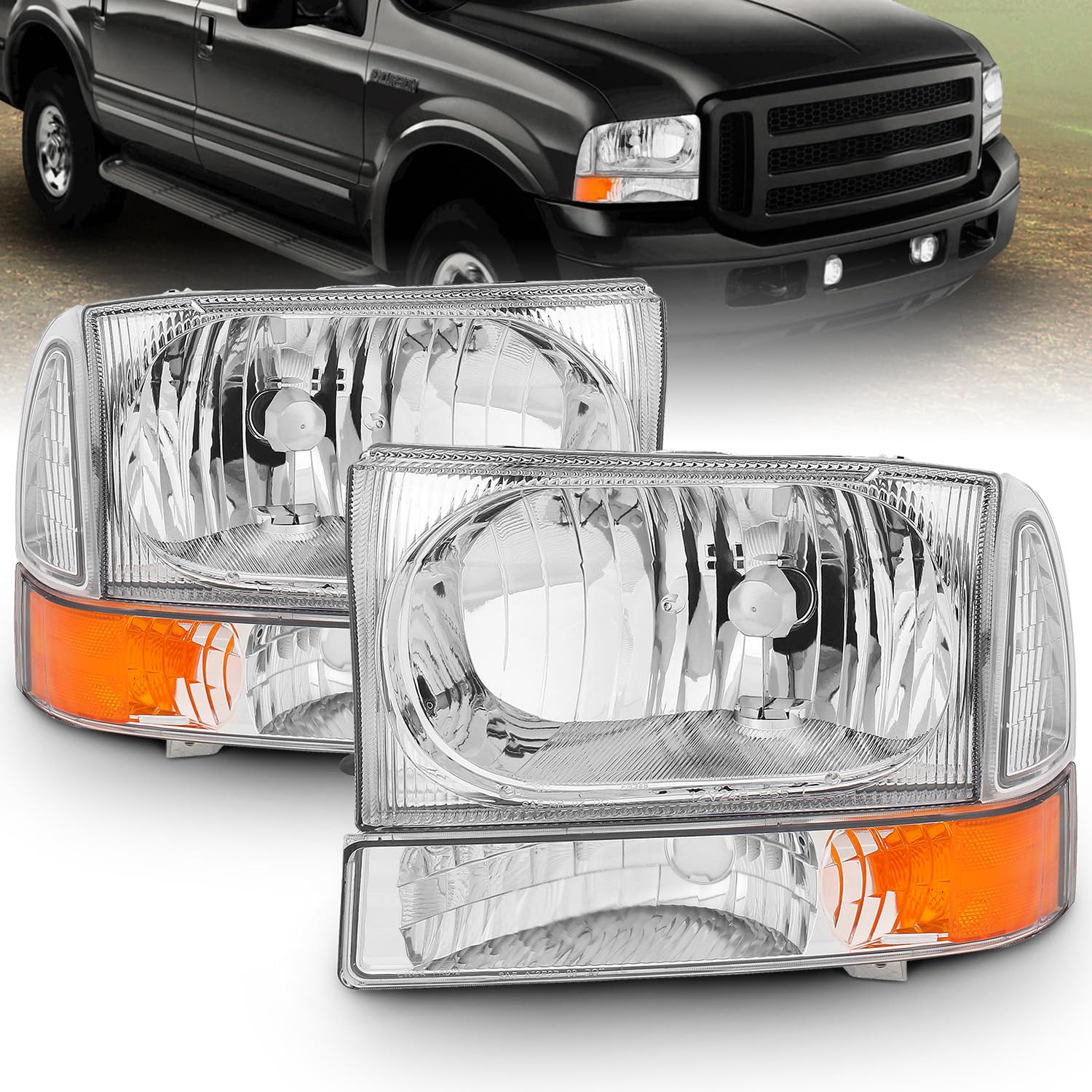 Amerilite For 1999-2004 Ford Super Duty F250 F350 F450 F550 | Excursion Chrome Factory Style Replacement Headlights W/Corner Bum