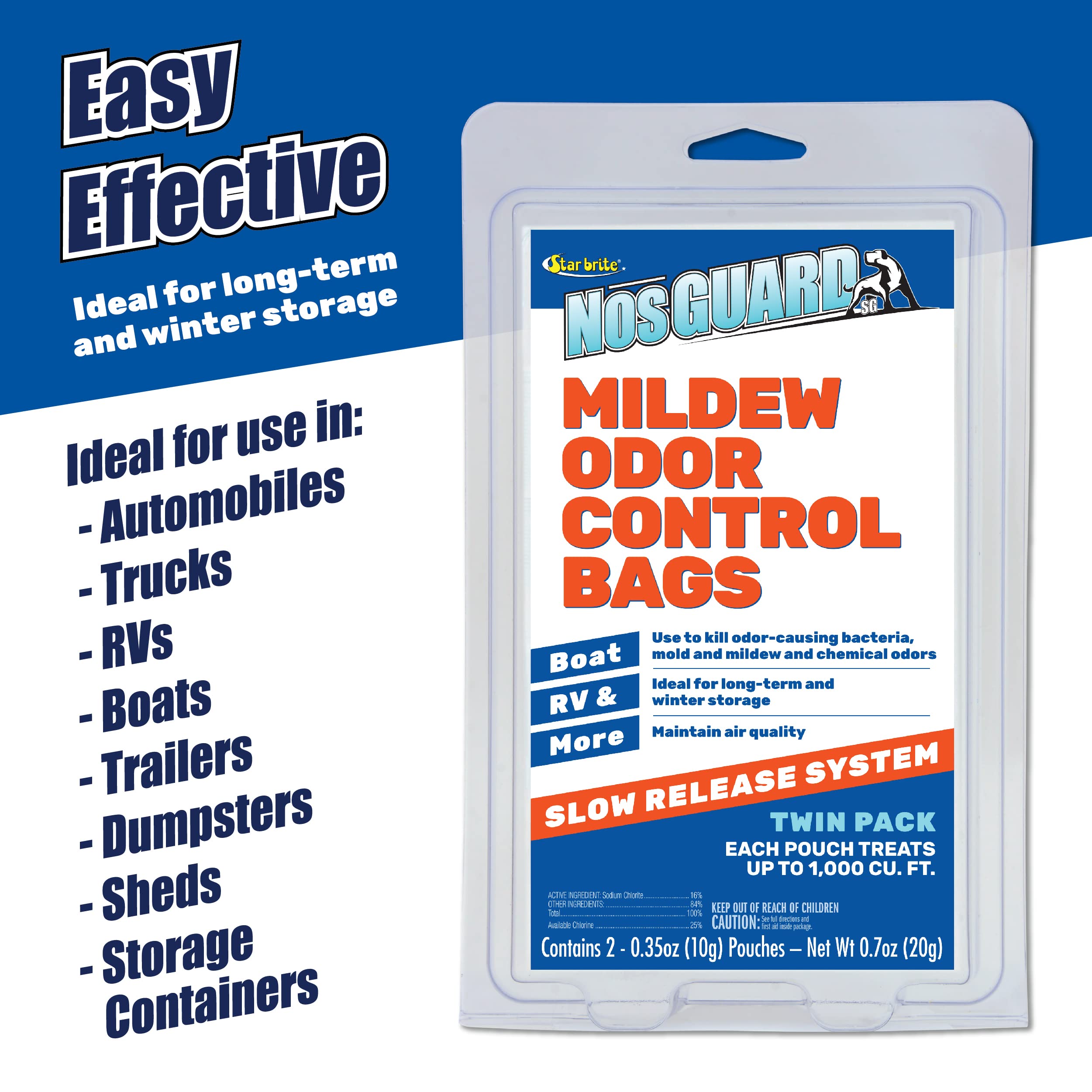 STAR BRITE NosGUARD SG Mildew Odor Control Bags (Twin Pack) Slow-Release System, Kill Odor Causing Bacteria, Mold & Mildew - Ide