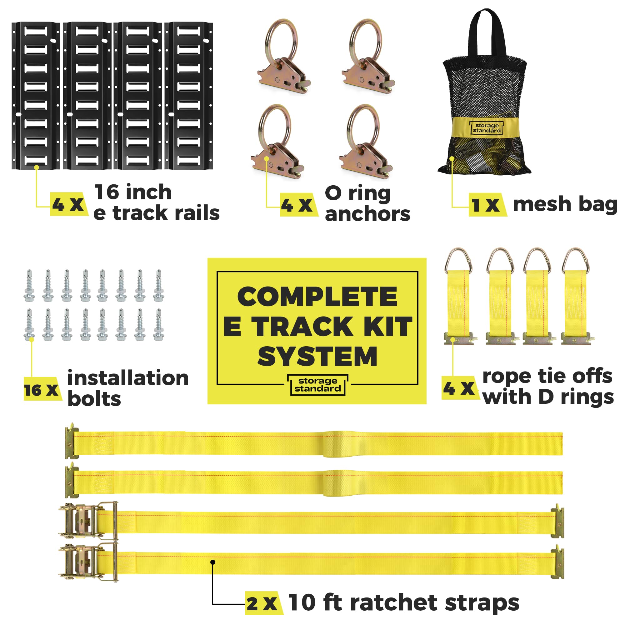 E Track Rail Tie-Down Kit - Trailer Tie Downs & Anchors, Cargo Control System - 4 Rails (16 Tracks) & E Track Accessories Kit -