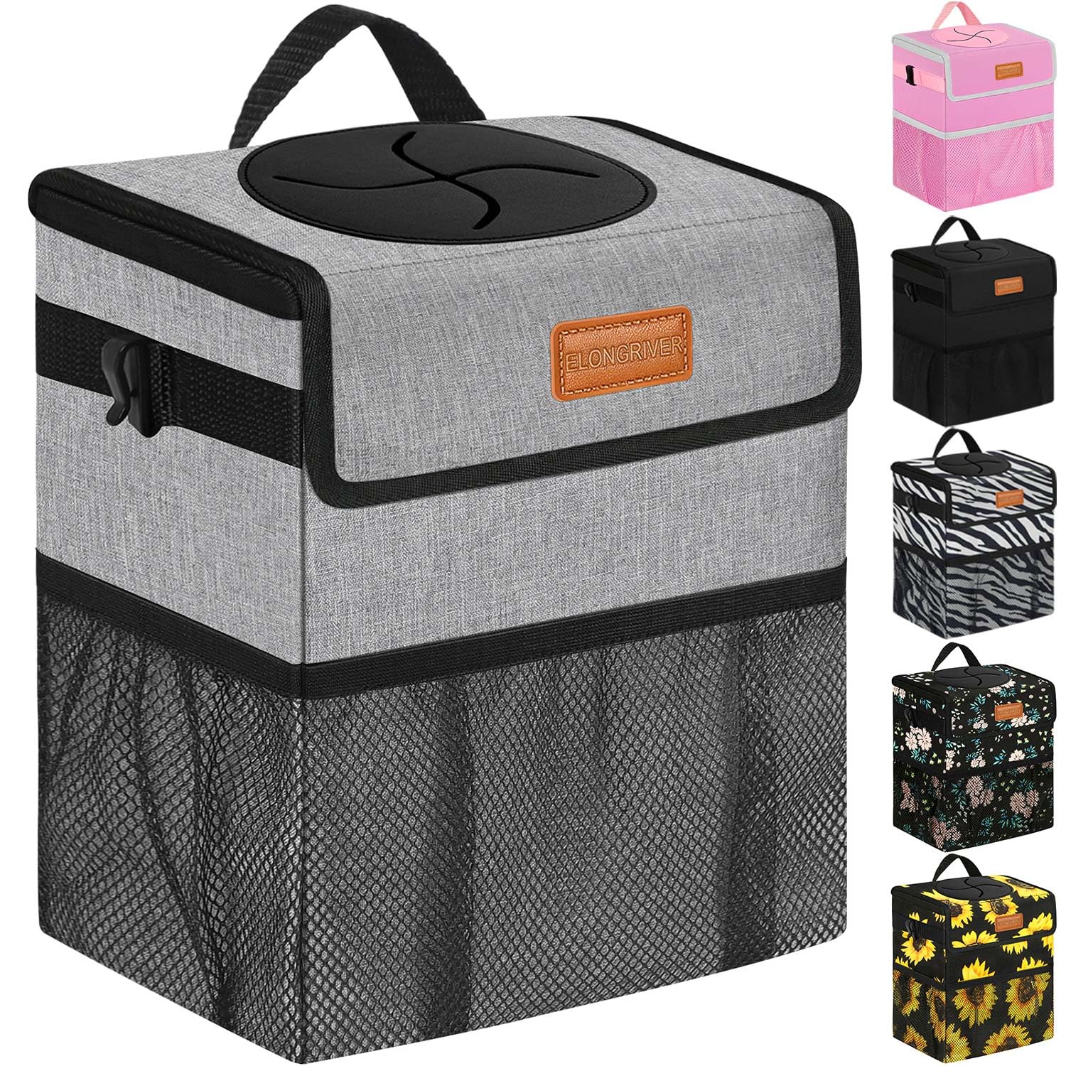 Elongriver Car Trash Can Bin For Back Seat Leak Proof, Cute Trash Bag Hanging, For Suv Truck Van, Automotive Vehicle Garbage Cans Front Seat Grey