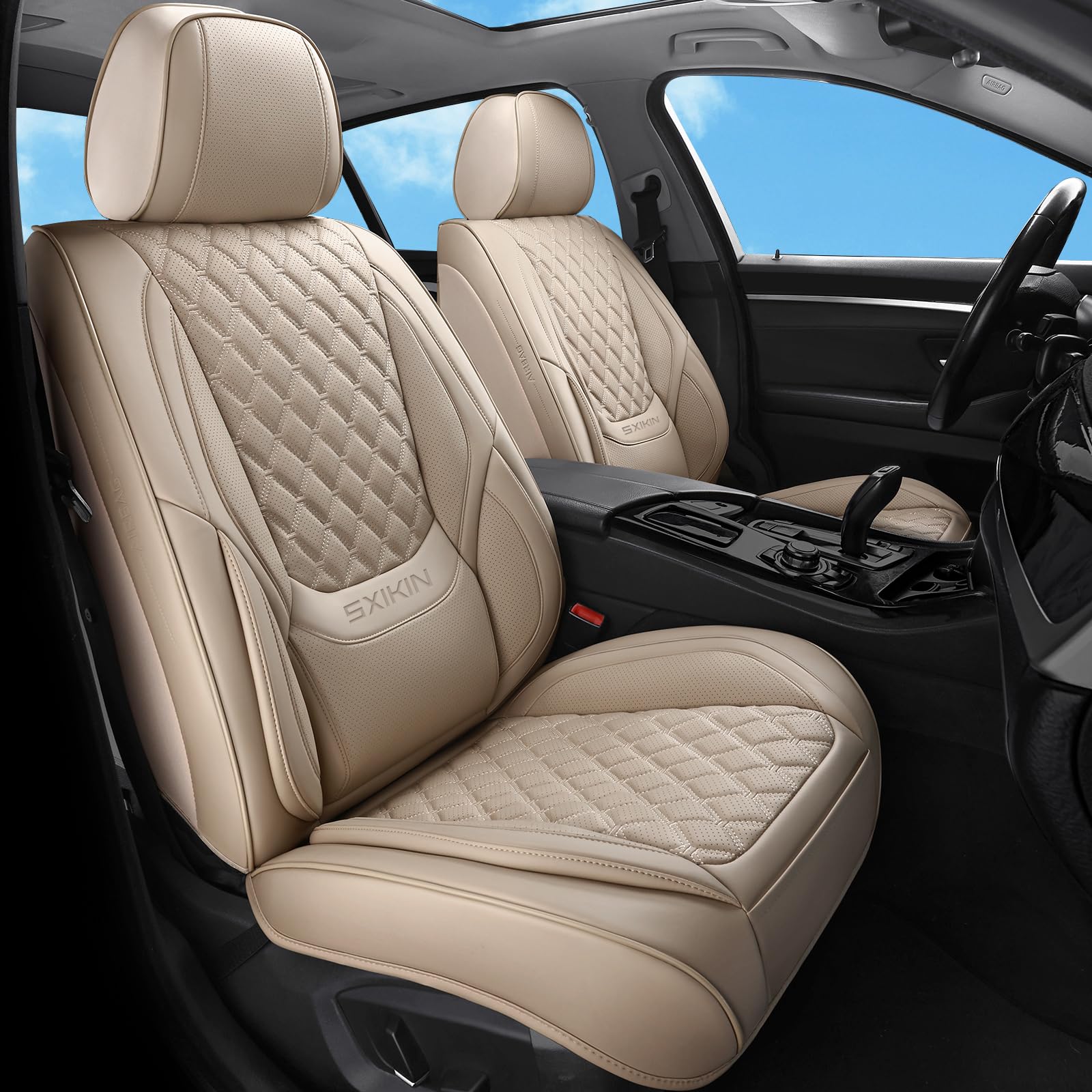 Sxikin Car Seat Covers Full Set Beige, Luxury Faux Leather Car Seat Covers Waterproof Non-Slip Seat Protector Universal Fit For