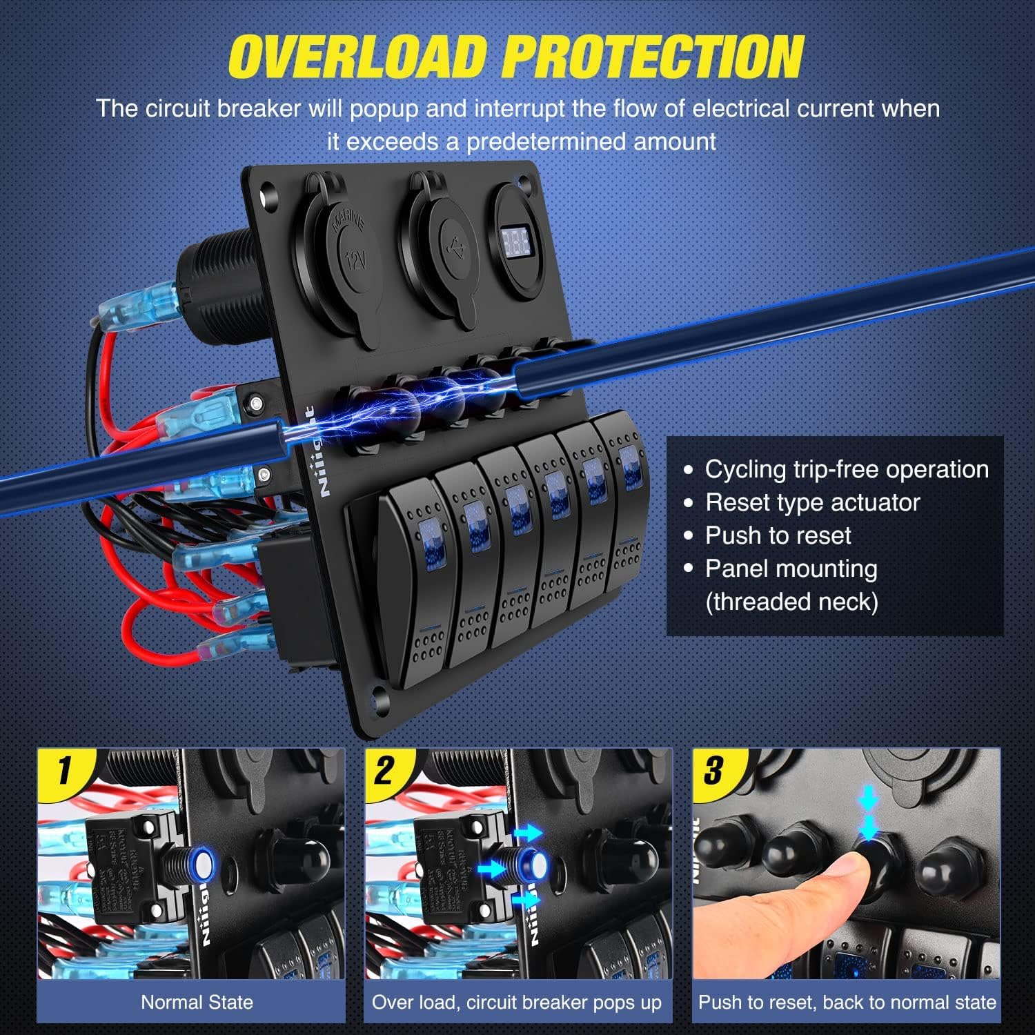 Nilight 6 Gang On Off Rocker Switch Panel 12V Voltmeter Dual Usb Charger Cigarette Lighter Socket For Rv Truck Boat , 2 Years Wa