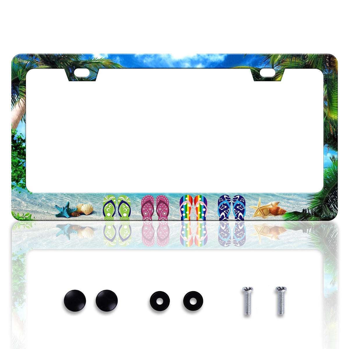 Sea Beach Slippers License Plate Frame Hawaiian Palm Tree License Plate Frames Personalise Stainless Steel Funny Design Compatib