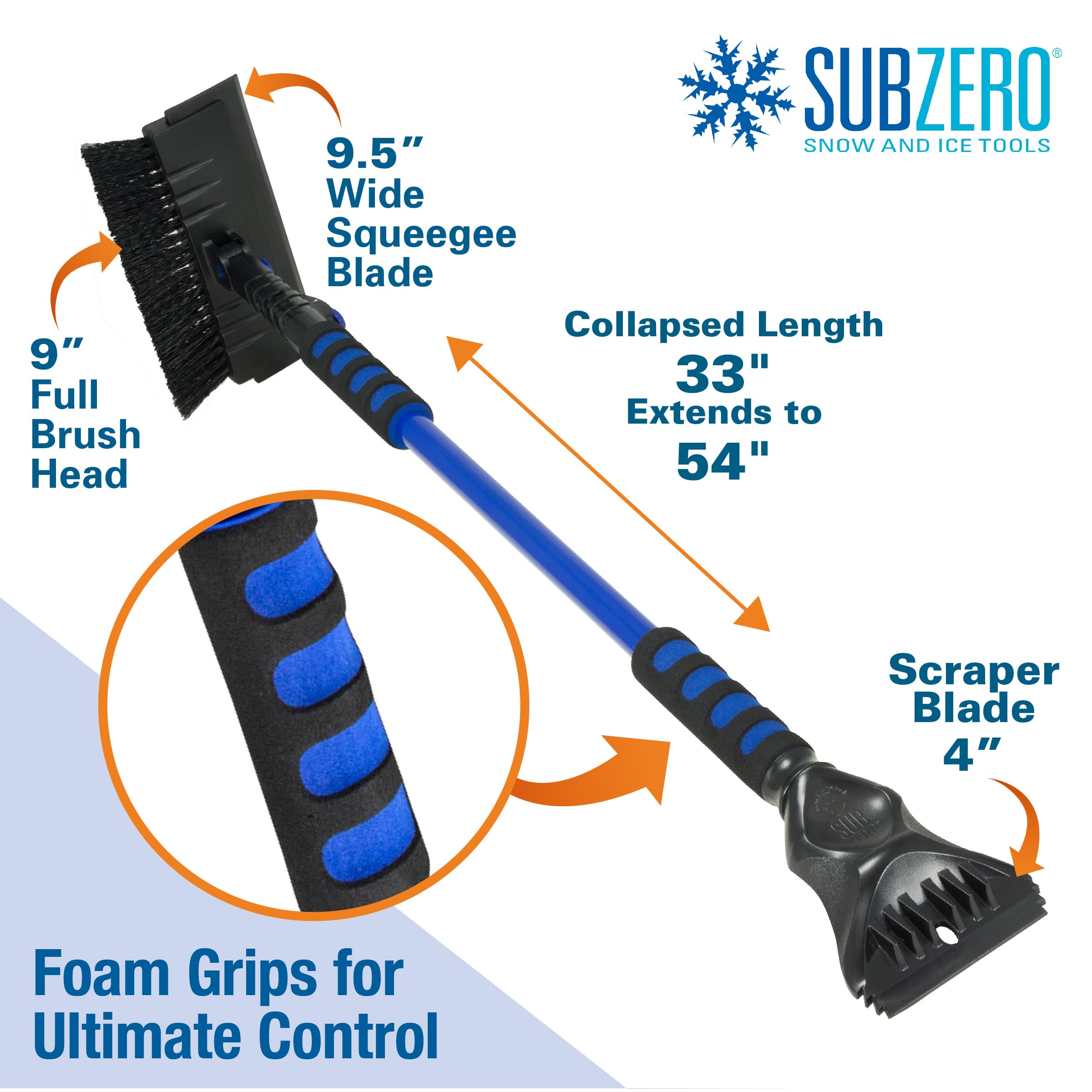 Subzero 14015 54'' Avalanche Snowbroom For Truck, Car With Pivoting Brush Head And Squeegee