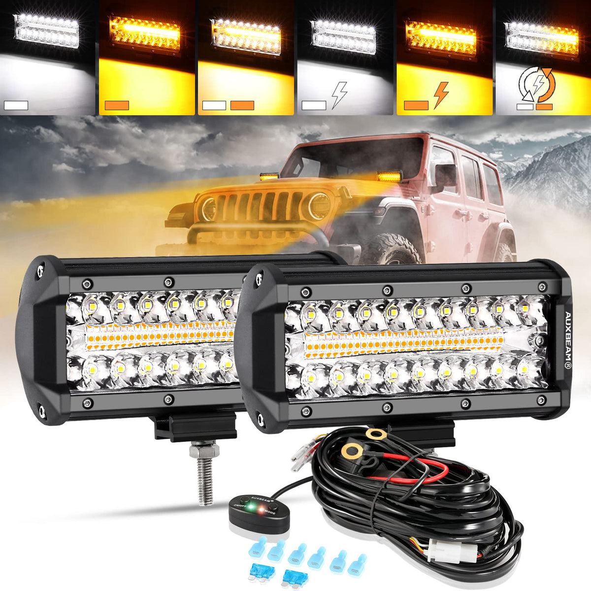 Auxbeam 7 Inch 300W Led Light Bar, 6 Modes Strobe Amber Pod Lights Yellow Fog Light Dual Color Spot Flood Offroad Driving Lights