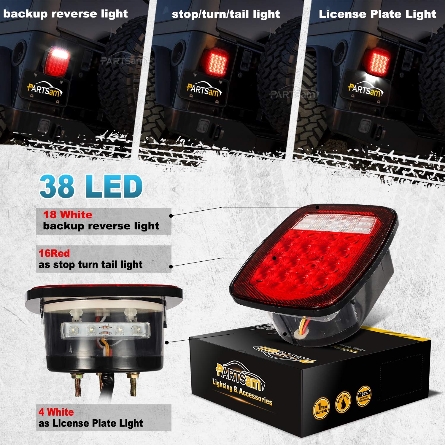 Partsam Pair 38 Led Universal Tail Brake Turn Stop License Back Up Reverse Lights Rear Combination For Wrangler Yj Tj Cj Truck T