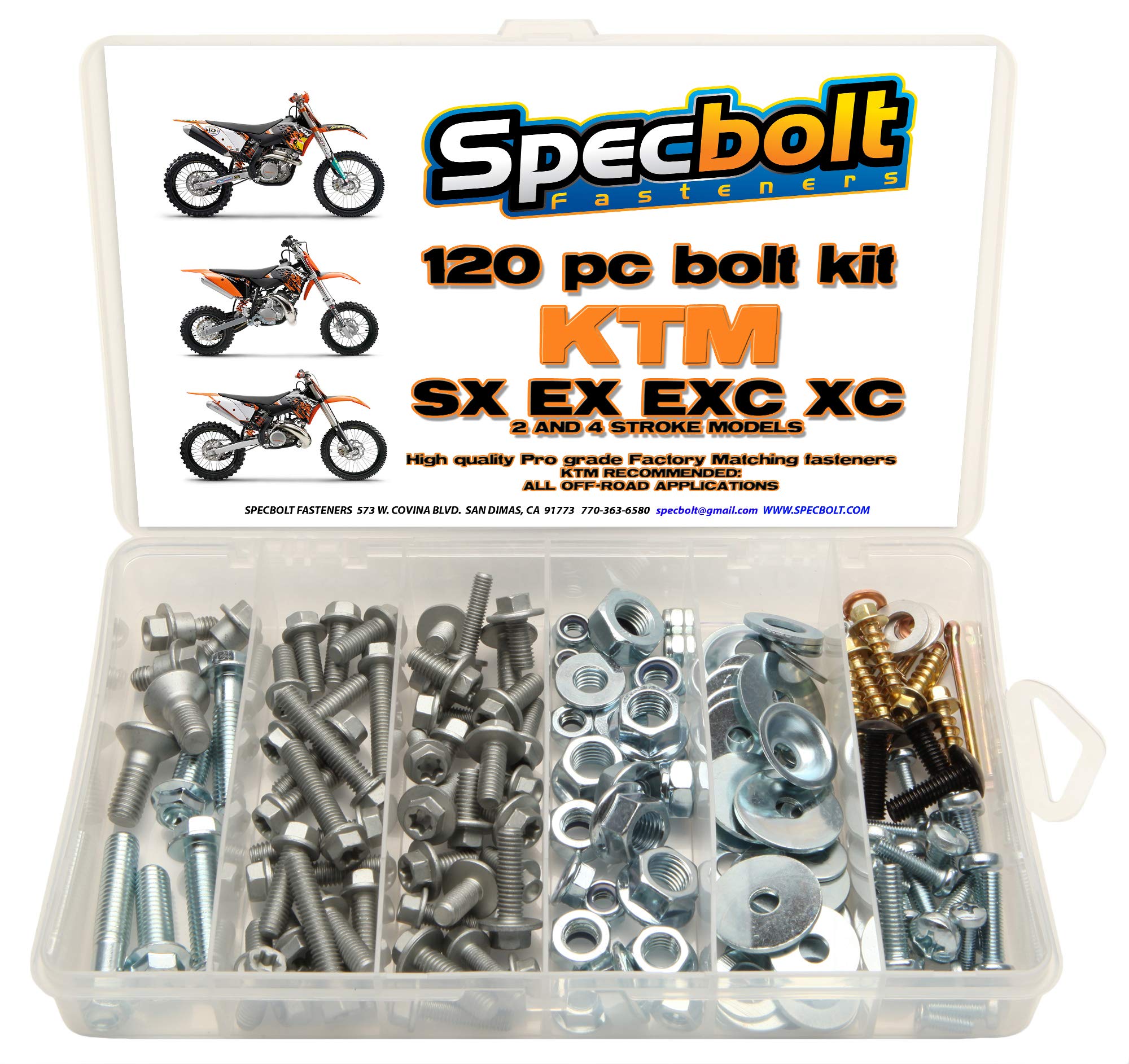 120pc Specbolt Bolt Kit fits: KTM SX EX EXC MX Dirtbike OEM Spec Fastener. This Includes 2 Strokes: 50 60 65 85 105 125 250 300 