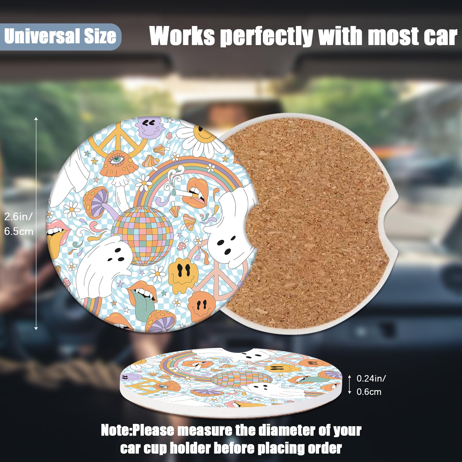 Funny Ghost Car Cup Holder Coaster -Halloween Absorbent Ceramic Coaster, Car Coasters for Cup Holders, Auto Accessories for Wome