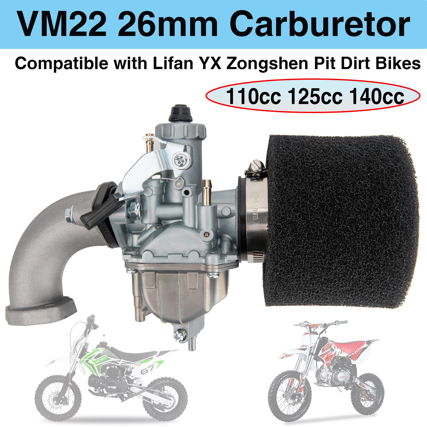 Vm22 26M Carburetor With Air Filter Intake Compatible With Pipe Pit Dirt Bike Motorcycle 110Cc 125Cc 140Cc Lifan Yx Zongshen Pit Dirt Bike Crf70 Xr50 Klx Bbr Apollo Thumpstar Braaap Atomic Dhz Ssr