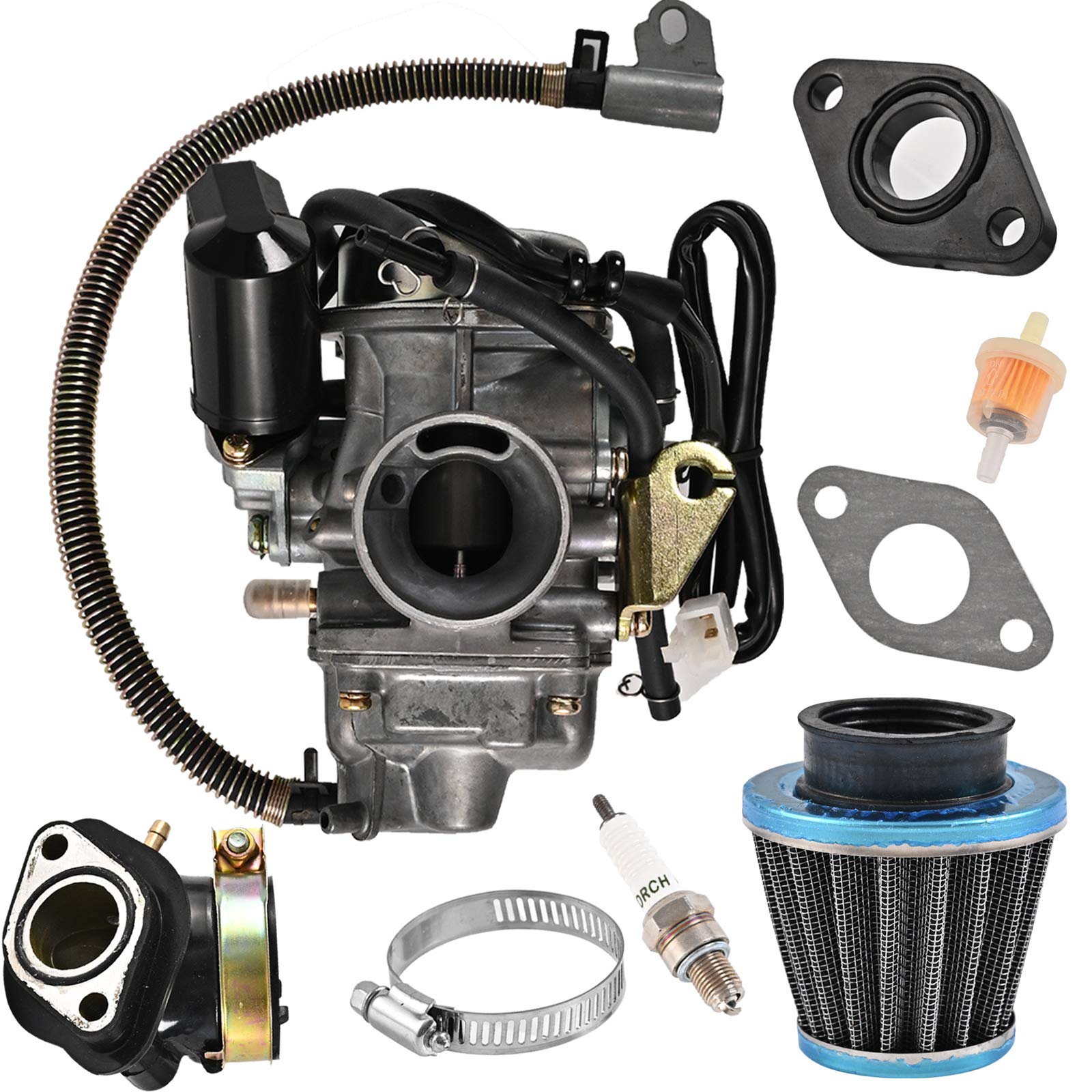 GY6 125cc/150cc Carburetor for 4 Stroke Engines Electric Choke Scooter ATV Go Kart 152QMI 157QMJ with Air Filter Intake Manifold