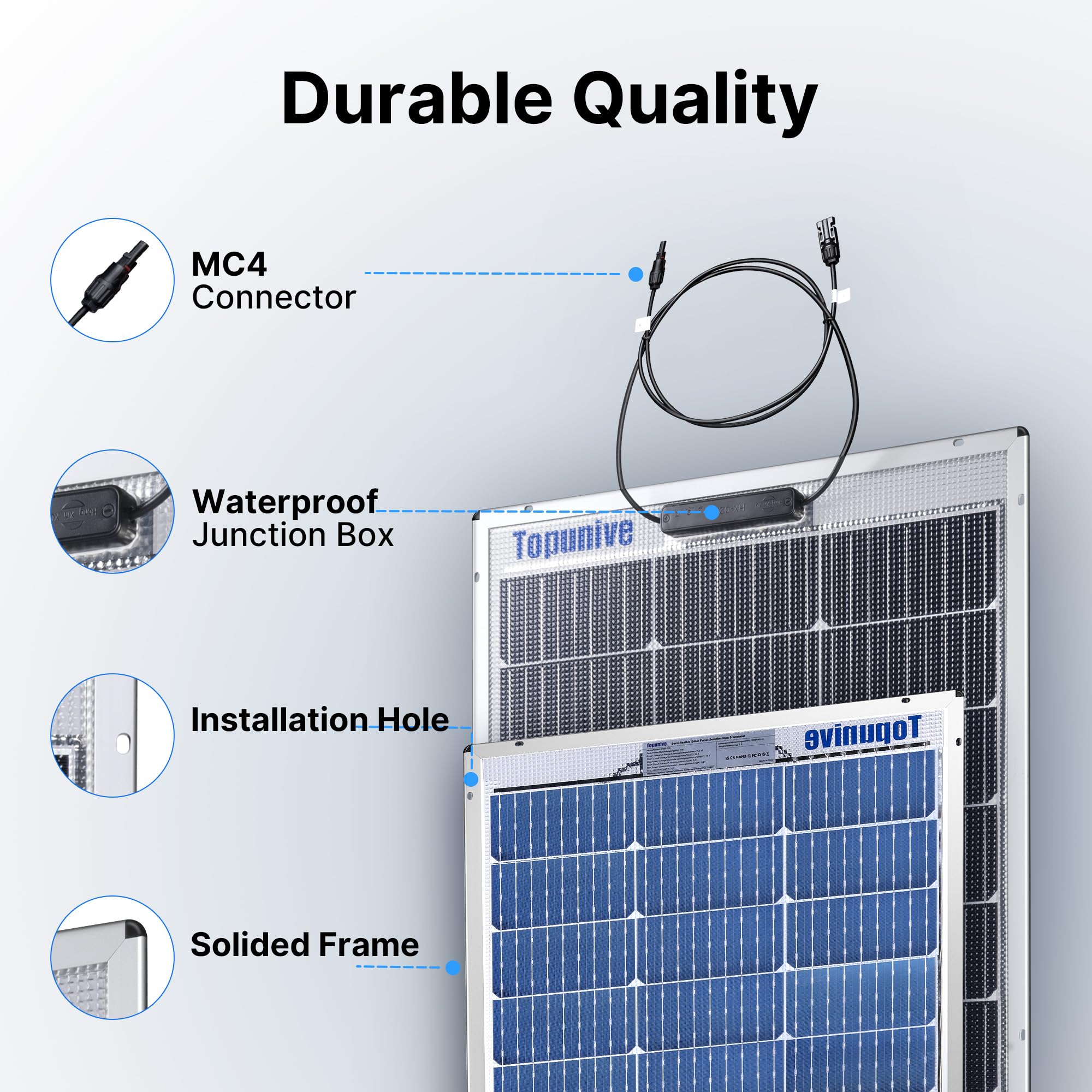 Topunive Bifacial 100W 12V Solar Panel 9Bb Monocrystalline Cell 12 Volt For Marine Rv Trailer Boat Cabin Van Car Uneven Surfaces 12V Battery Charge