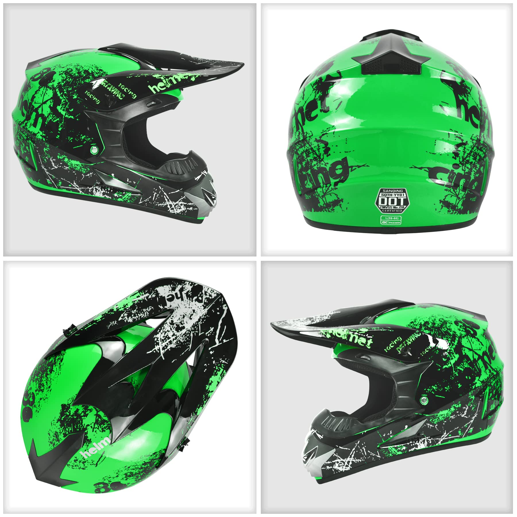 Sanqing Motocross Helmet Dirt Bike Helmet Fashion Youth Adult Off-Road Mountain Bike Motorcycle Helmet Dot Approved 4 Pcs Set (Green, Medium)
