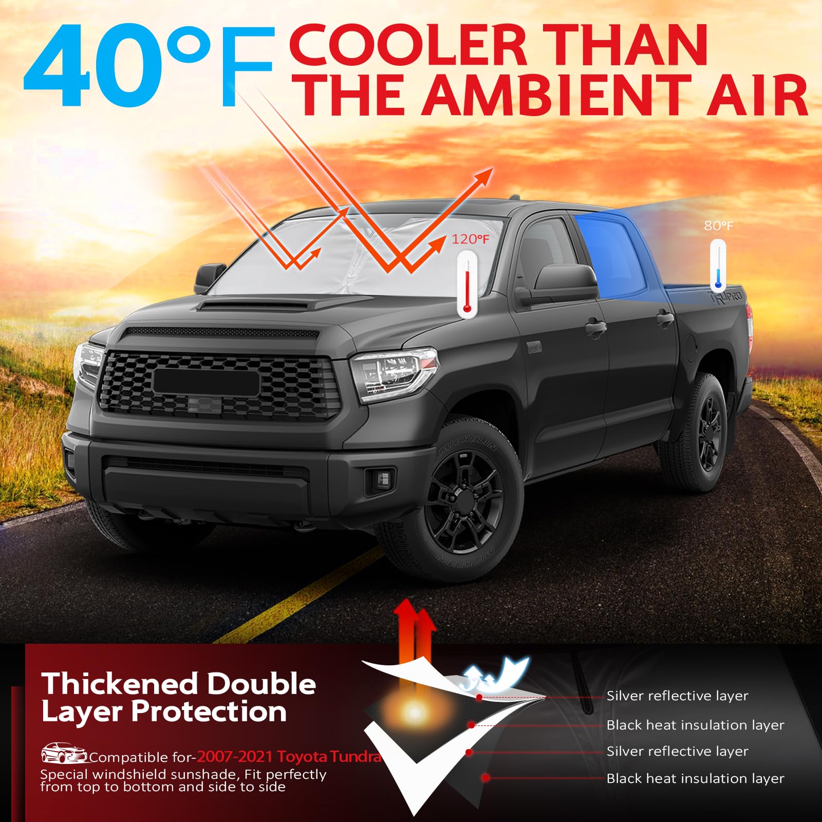 Kayzt Windshield Sun Shade For 2007-2021 Toyota Tundra Foldable Sunshade Front Window Custom Fit Car Accessories