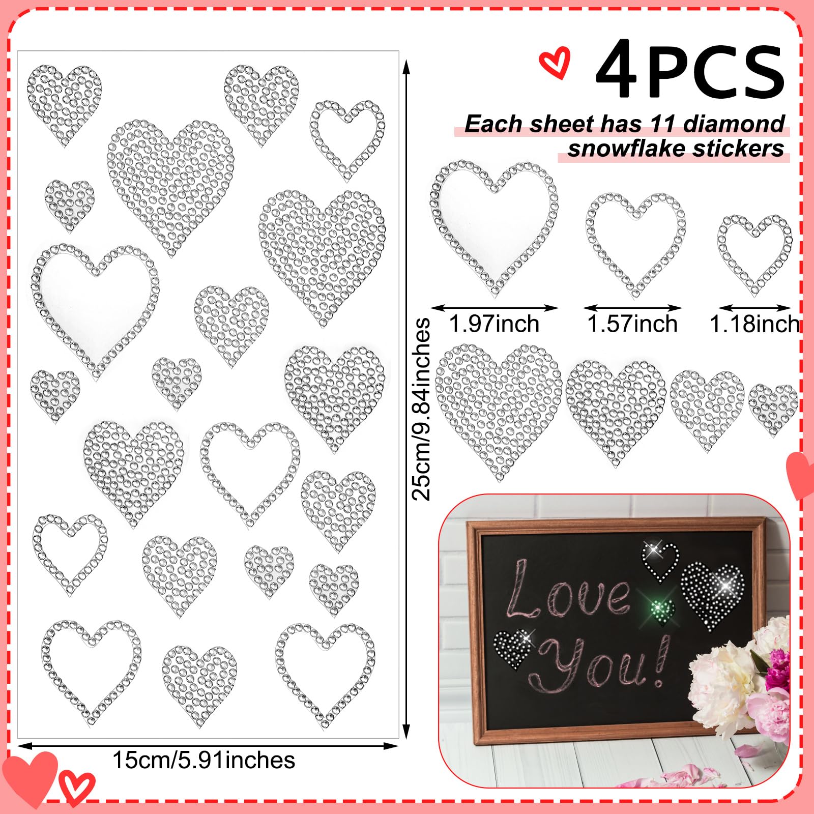 Epakh 84 Pcs Valentine Rhinestone Heart Stickers Glitter Bling Heart Crystal Silver Self Adhesive Sticker For Holiday Decal Deco
