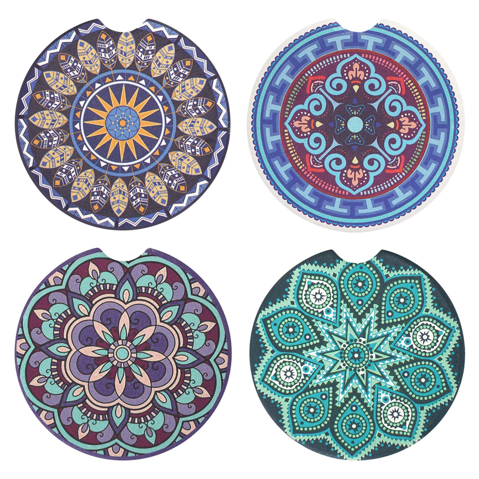 Vaincre 4 Pack 2.56'' Car Coasters For Drinks Absorbent, Mandala Ceramic Cup Holder Coaster For Your Car With Fingertip Grip, Re