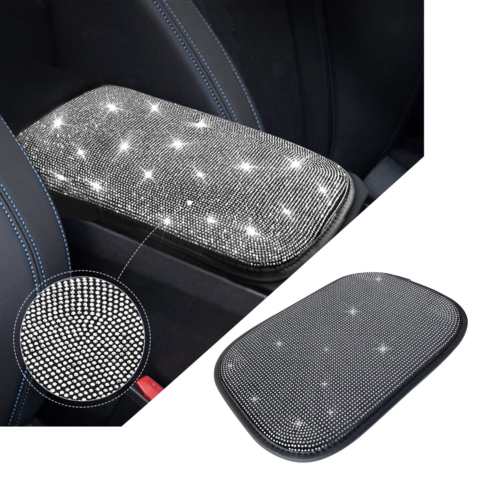 Miytsya B-Ling Car Armrest Cover Cute Charming Auto Center Console Protective Cover Luster Crystal Rhinestone Car Arm Rest Cushion Pad Car Interior Accessories For Women Girl 12.2 X 8.7 Inch (Silver)