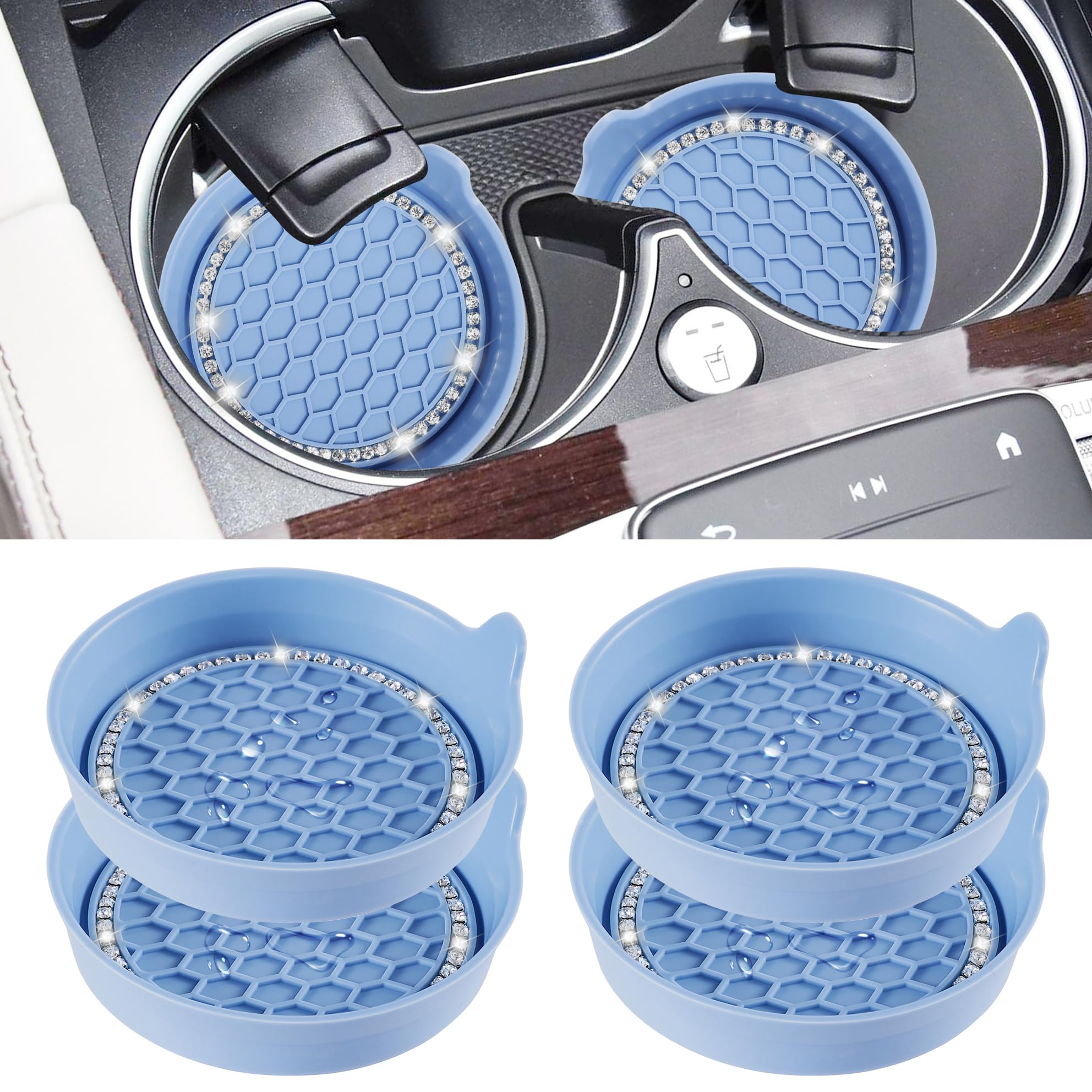 Amooca Car Cup Coaster Universal Non-Slip Cup Holders Bling Crystal Rhinestone Car Interior Accessories 4 Pack Gray Blue