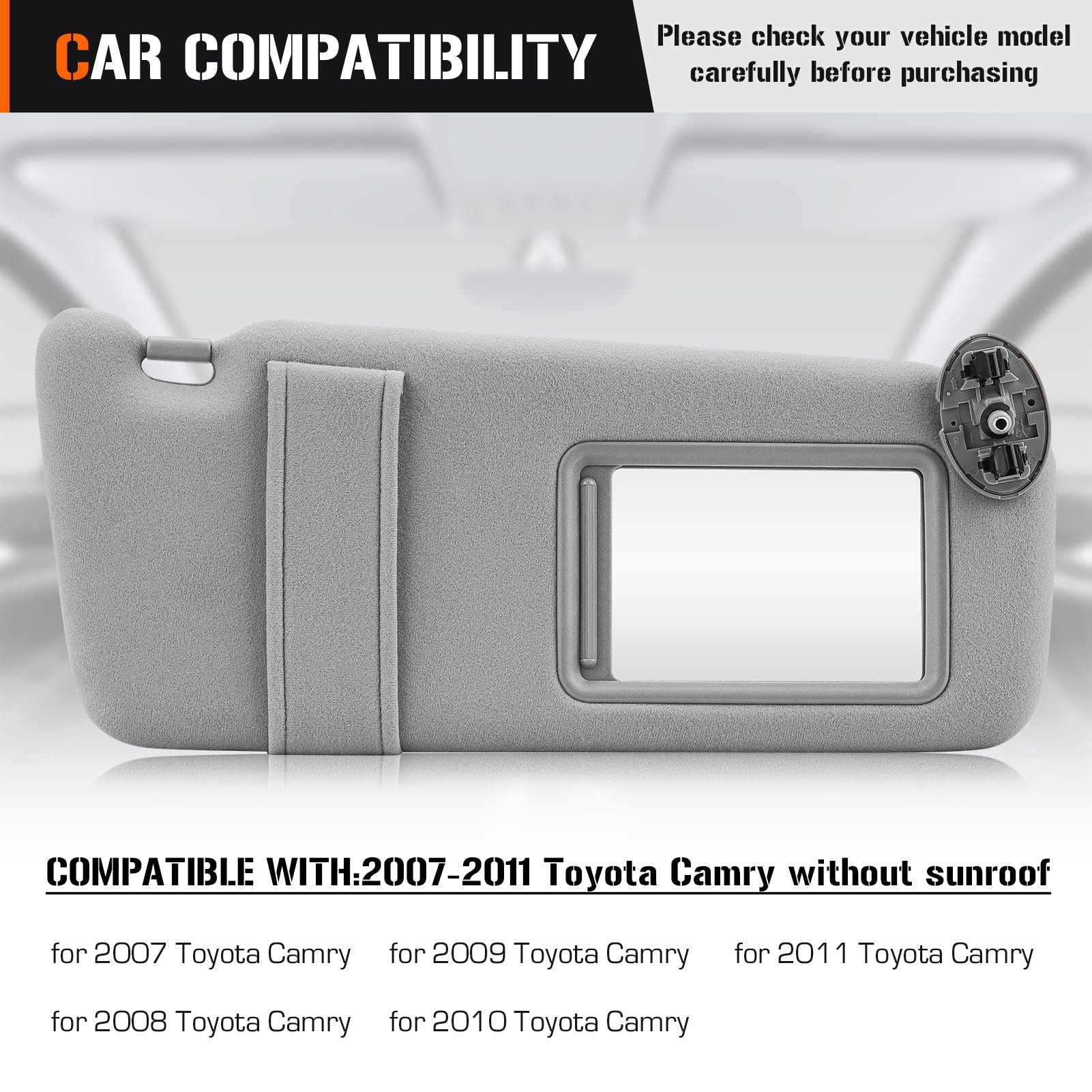 Sun Visor For 2007-2011 Toyota Camry Without Sunroof, Right Passenger Side Gray Sunvisor Replacement 74310-06750-E0