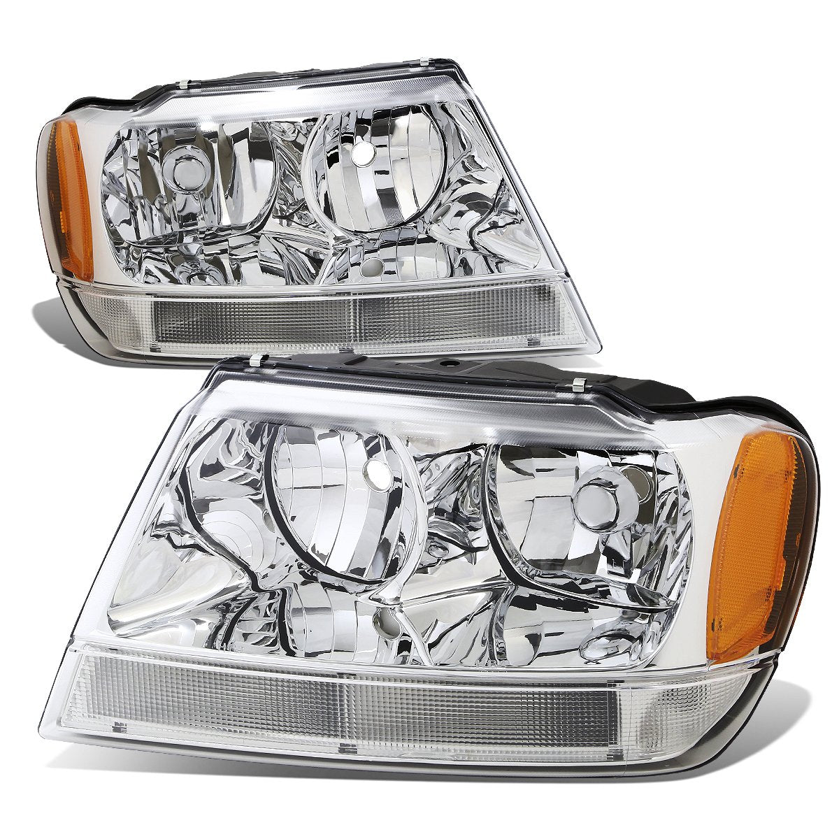 Dna Motoring Hl-Oh-Jgc99-Ch-Am Chrome Amber Headlights Assembly Replacement Compatible With 99-04 Jeep Grand Cherokee