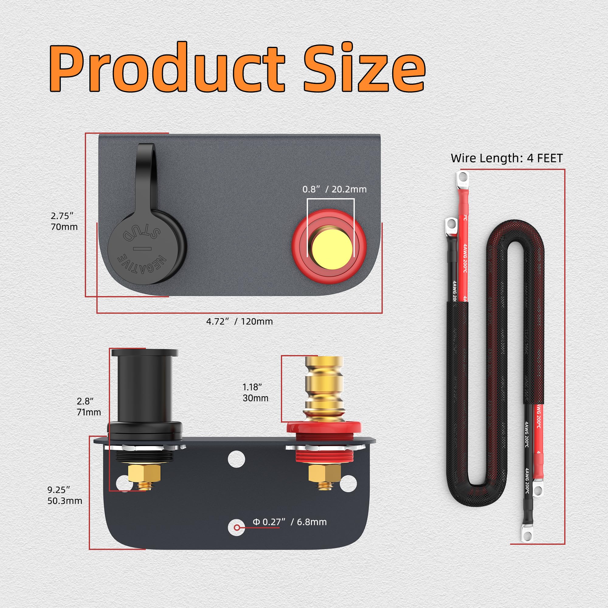 Joinfworld Remote Battery Terminals 3/8' Stud Battery Jump Post With Heavy Duty Mounting Bracket 250A Battery Charging Post Kit Marine Battery Charger Jumper Post For Auto Utv Rv Truck Can-Am