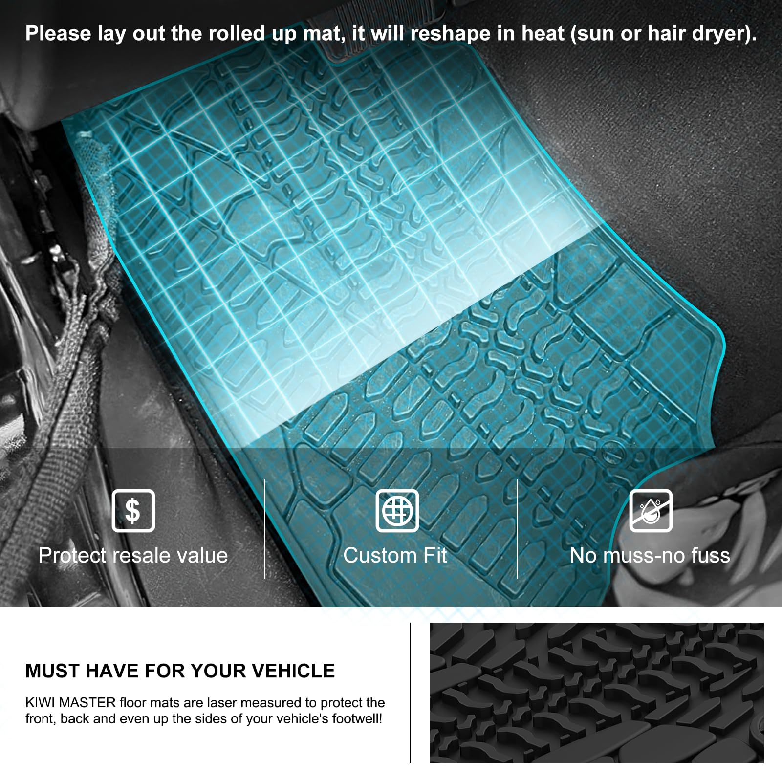 Kiwi Master Floor Mats for 2007-2013 Jeep Wrangler JK, Heavy Duty TPE, Black, Custom Fit, 28 x 21.5 x 2.8 inches, Model