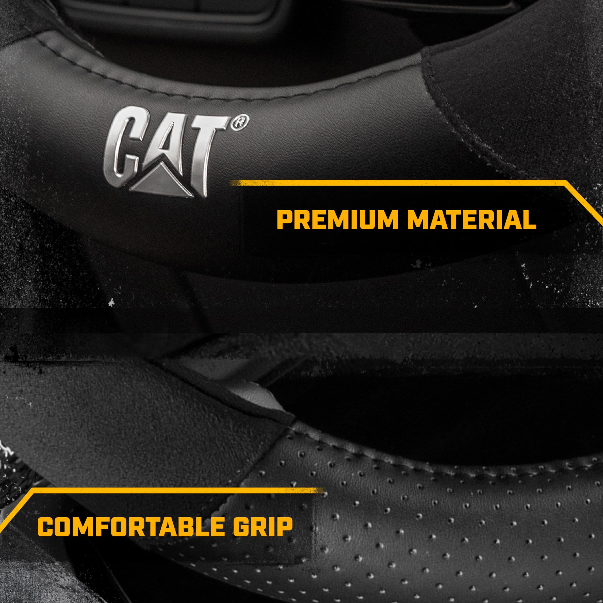 Cat Steering Wheel Cover - Suede/PU Leather Black/Gray with Chrome Logo, 14.5-15 inch - Durable and Comfortable with Advanced Gr