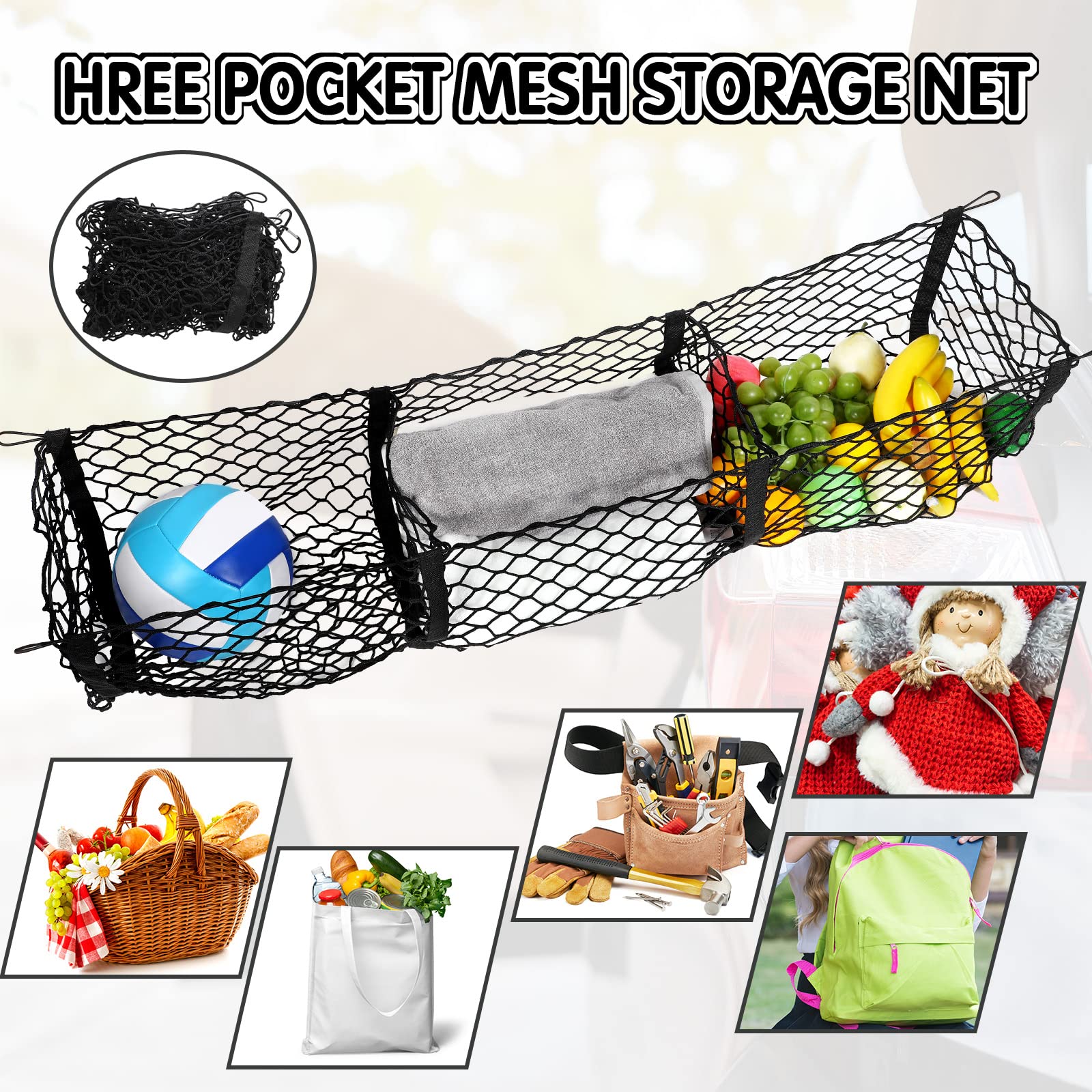 Automotive Cargo Net Stretchable And 3 Pocket Trunk Net Organizer Black Car Interior Accessories Cargo Storage Mesh Net Truck Bed Grocery Holder With Hooks Screws Buttonholes (43.3 X 15.7 Inches)