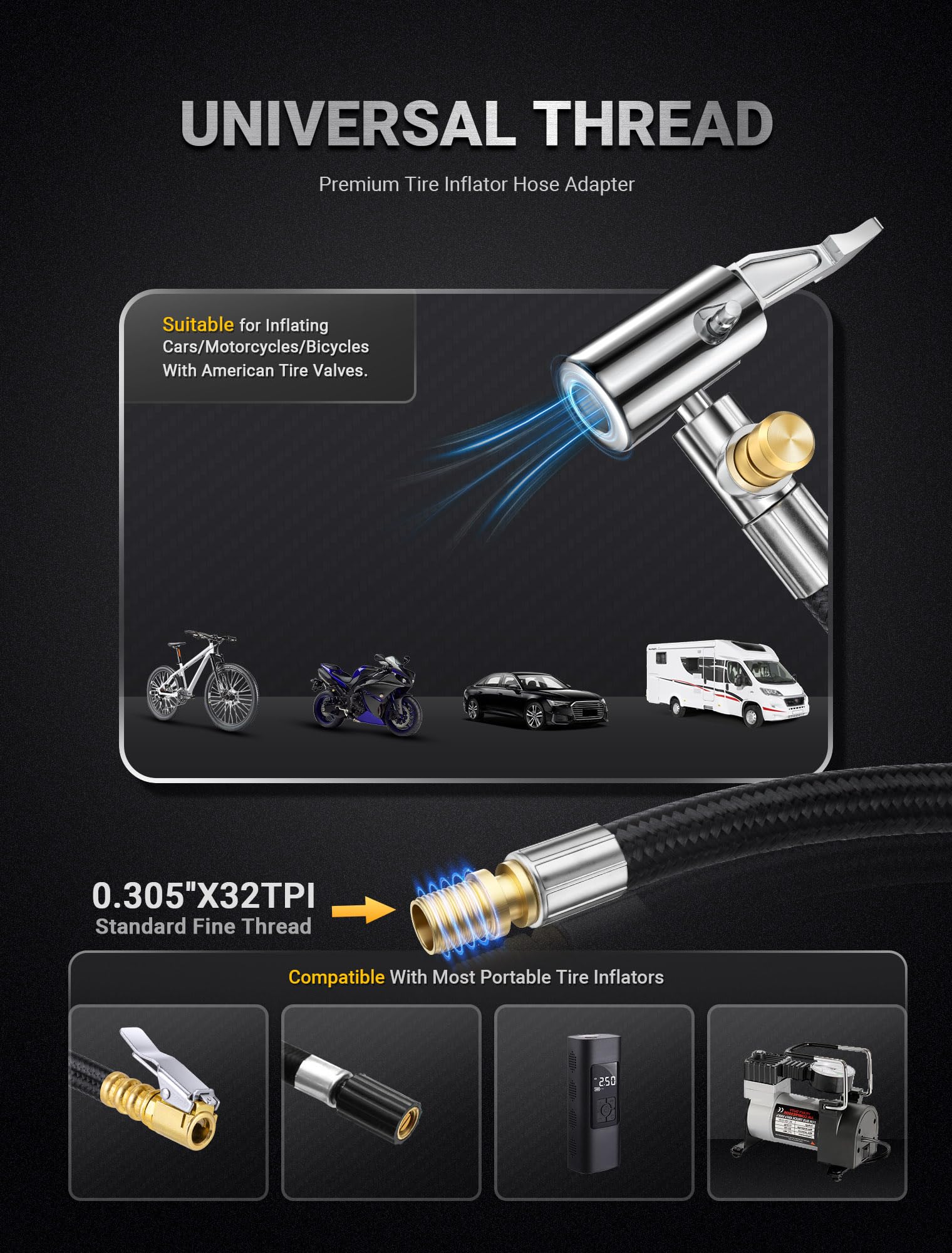 LUMITECO 33'' Air Release Extension Hose, 7-Pack Tire Inflator Replacement Hose w/Presta Valve Adaptor&Ball Pump Needle Kit, Tir