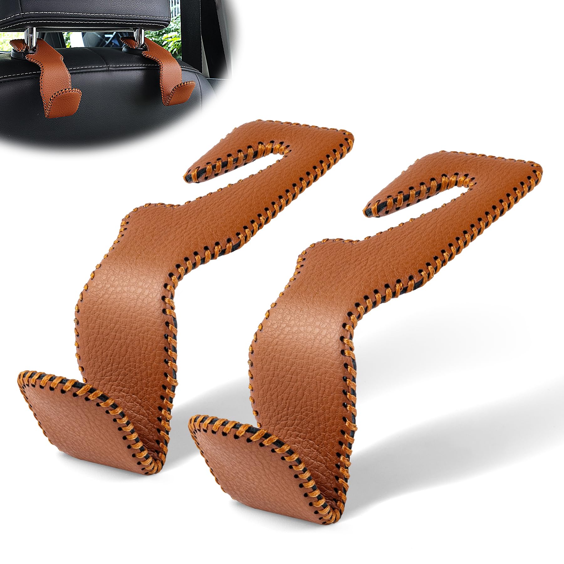 Livtee Brown Superior Leather Car Seat Back Headrest Hook, Auto Seat Hook Hangers Interior Accessories For Purse Coats Umbrellas