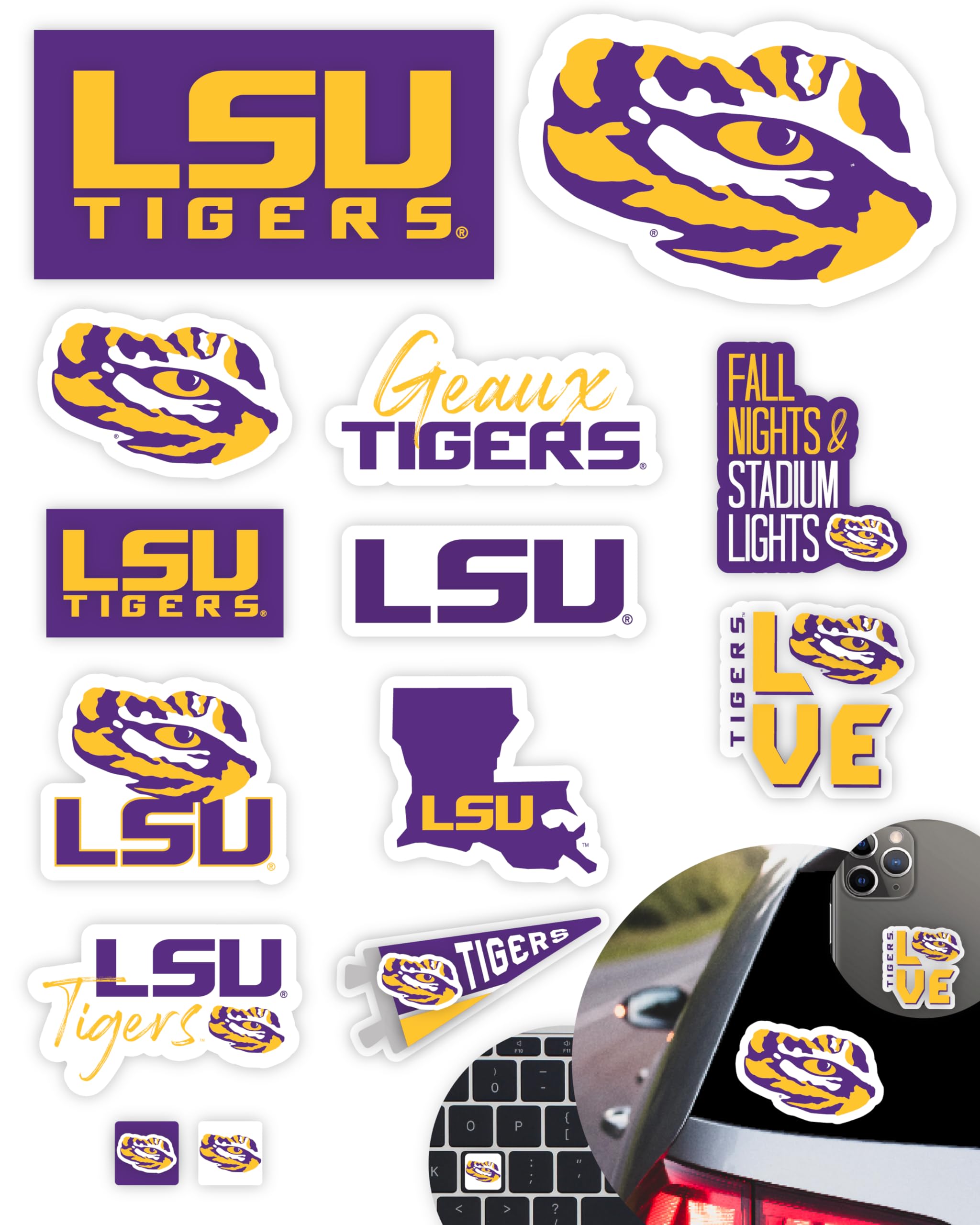 Lsu Tigers Stickers (14 Stickers) 2 Large 5'' For Car Windows 10 Medium 2.5'' For Water Bottles Laptops Phones And 2 Mini Keyboa